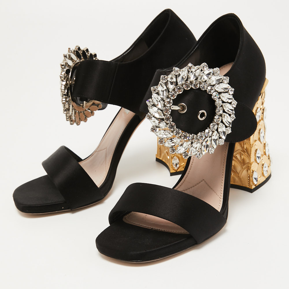 

Miu Miu Black Satin Crystal Embellished Heel Sandals Size