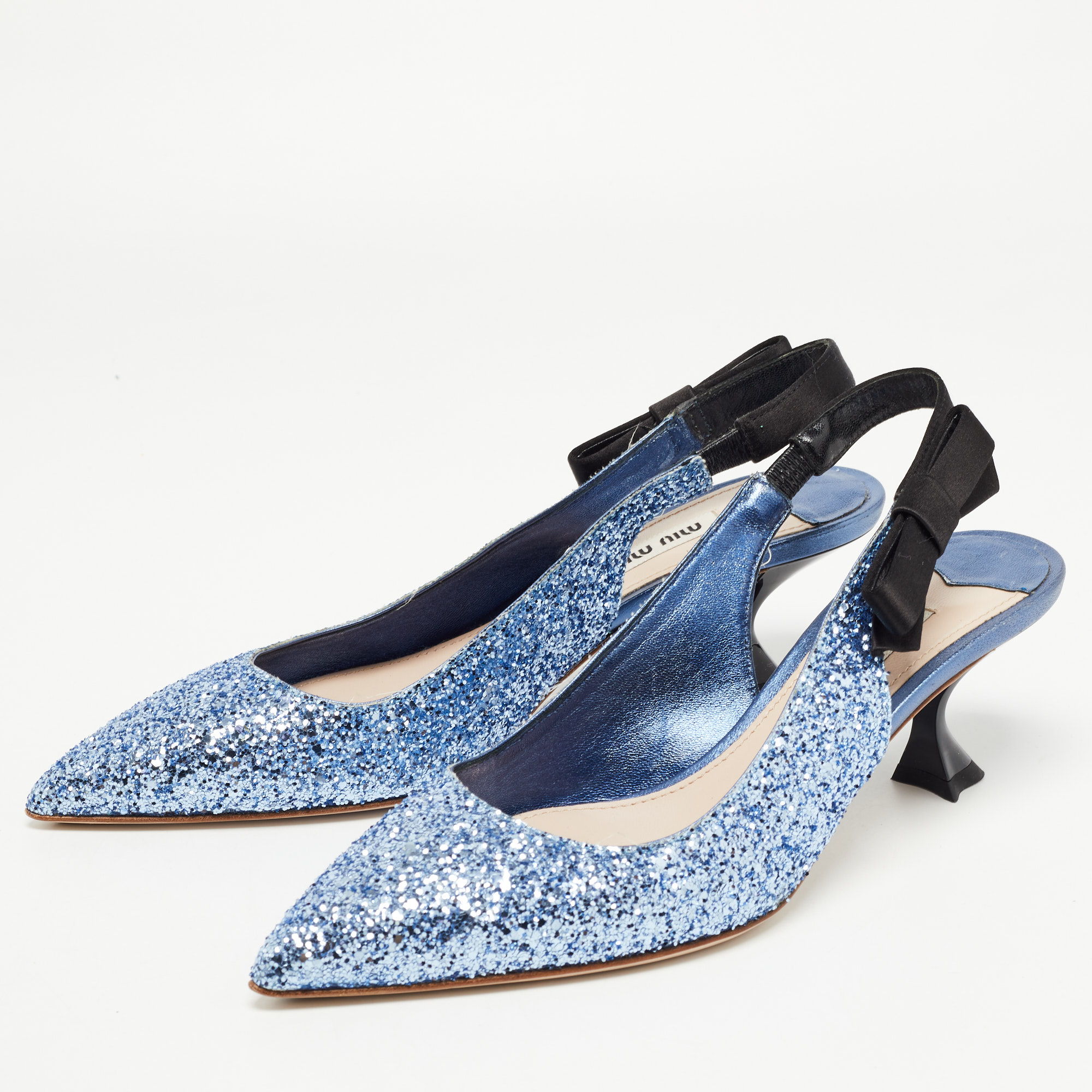 

Miu Miu Blue Coarse Glitter Bow Slingback Pumps Size