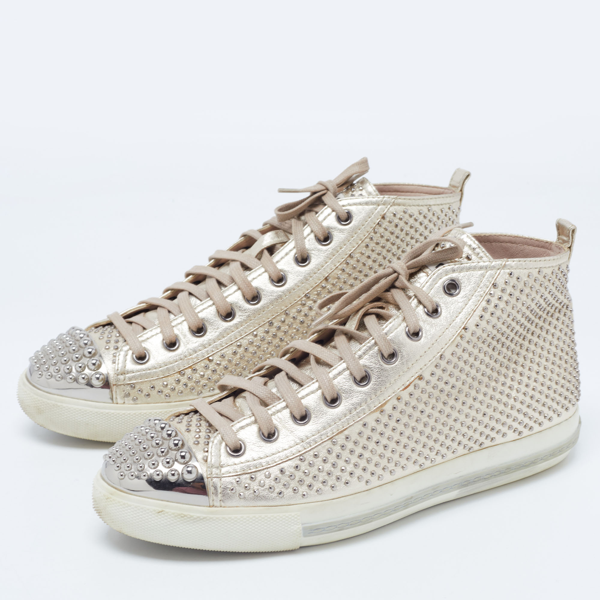 

Miu Miu Gold Foil Leather Studded High Top Sneakers Size, Cream