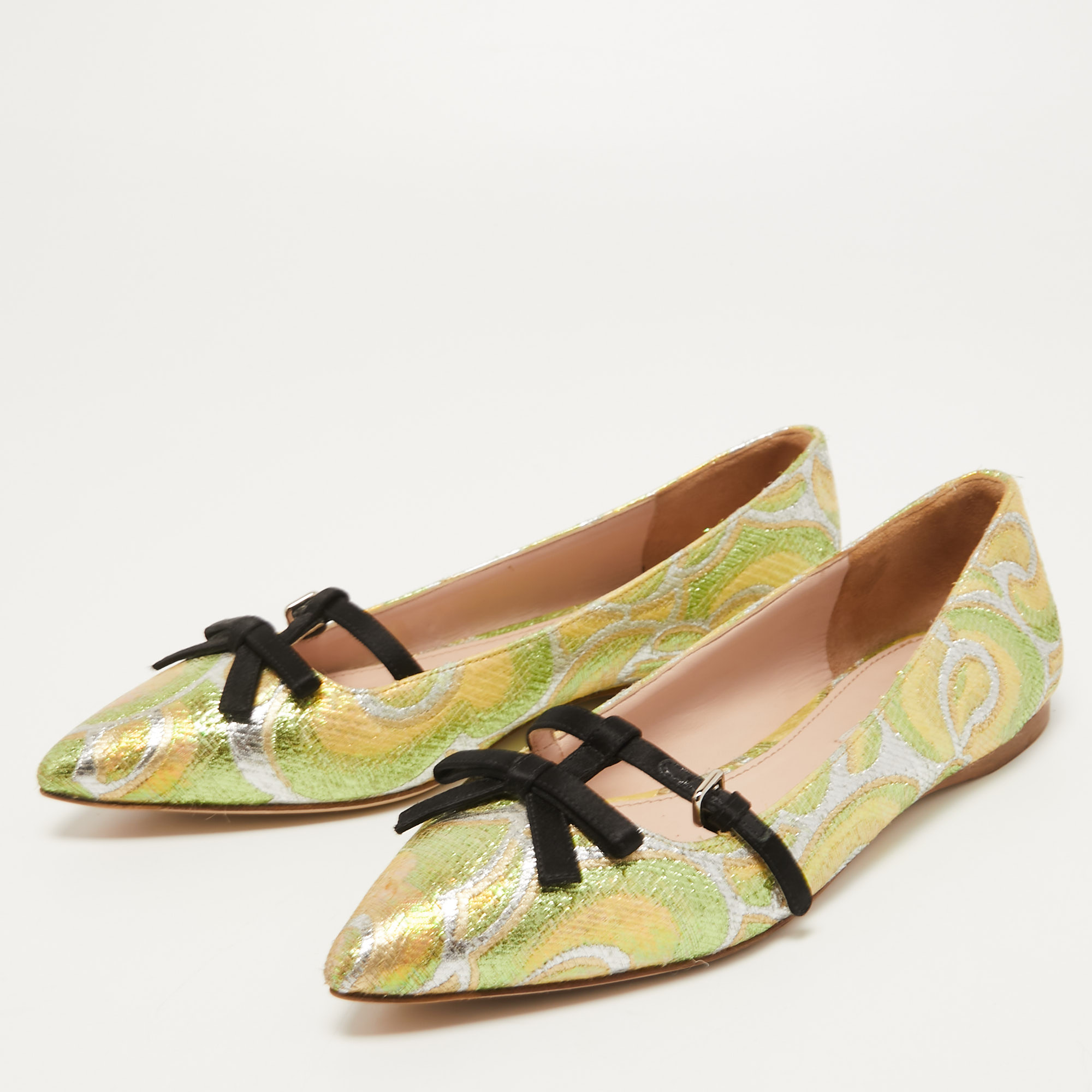 

Miu Miu Multicolor Brocade Fabric And Satin Trim Giada Bow Pointed Toe Ballet Flats Size