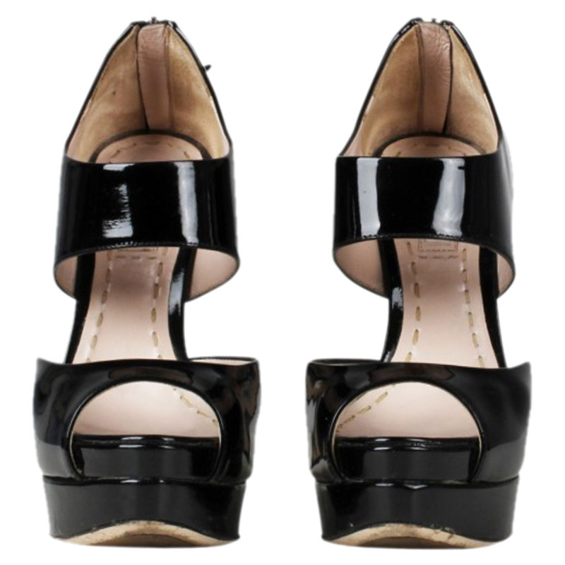

Miu Miu Black Patent Peep Toe Back Zip Platform Pumps Size