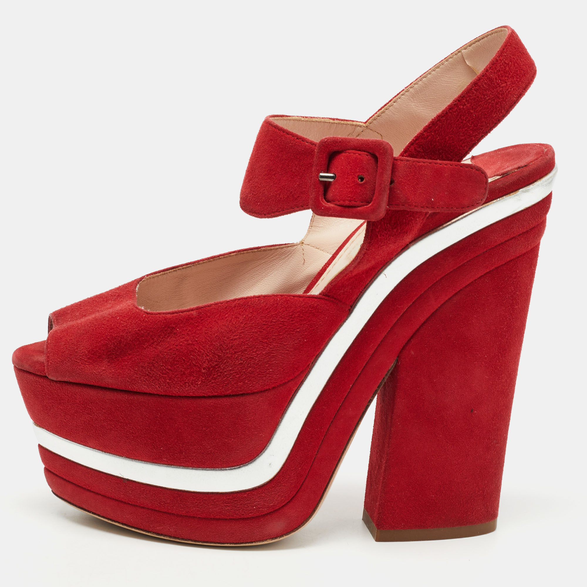 Pre-owned Miu Miu Red Suede Platform Ankle Strap Sandals Size 36