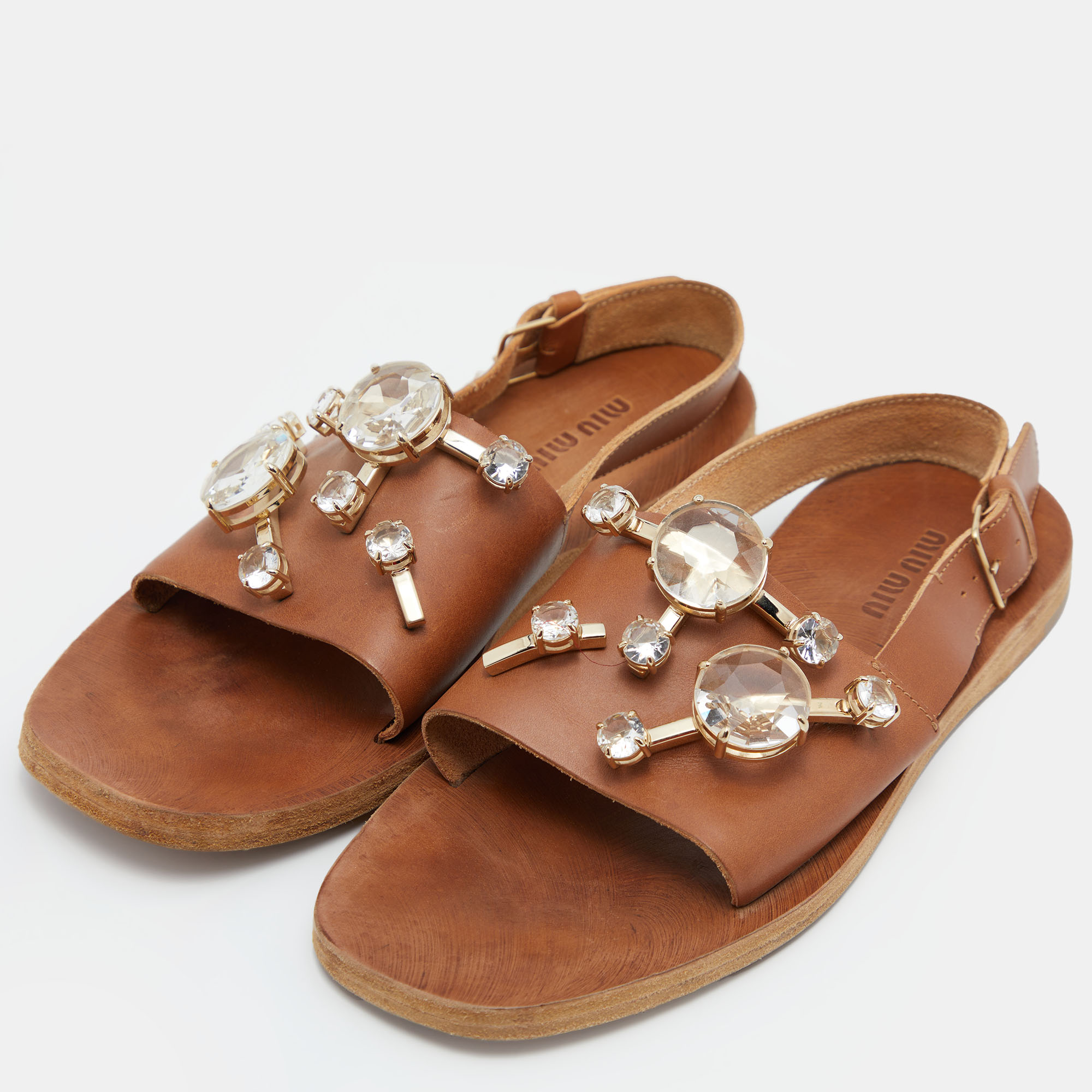 

Miu Miu Tan Leather Slingback Flat Sandals Size