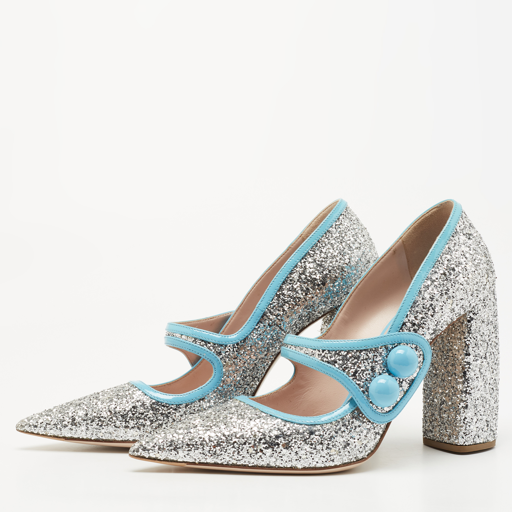 

Miu Miu Silver/Blue Coarse Glitter and Patent Leather Mary Jane Pumps Size