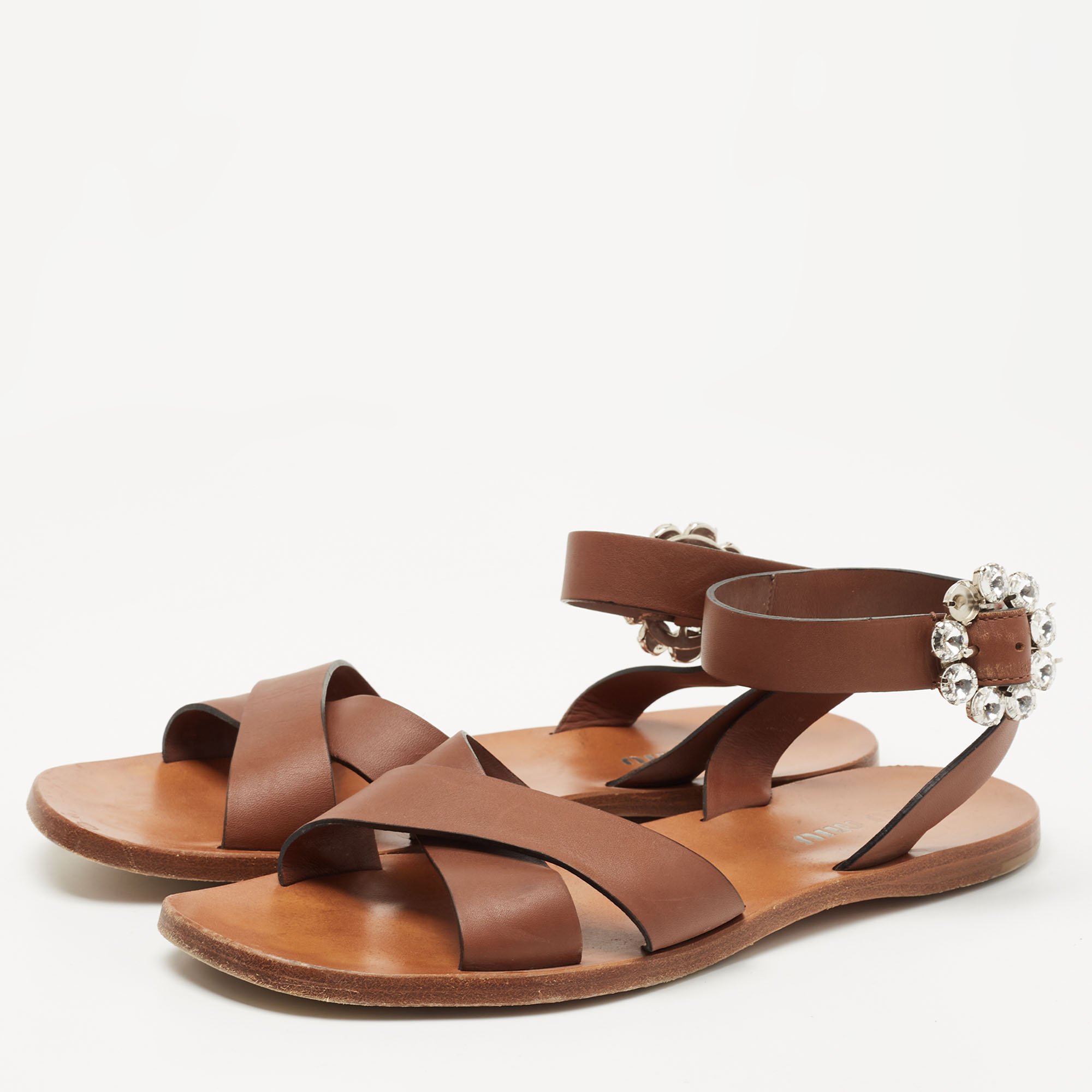 

Miu Miu Brown Leather Ankle Strap Flat Sandals Size