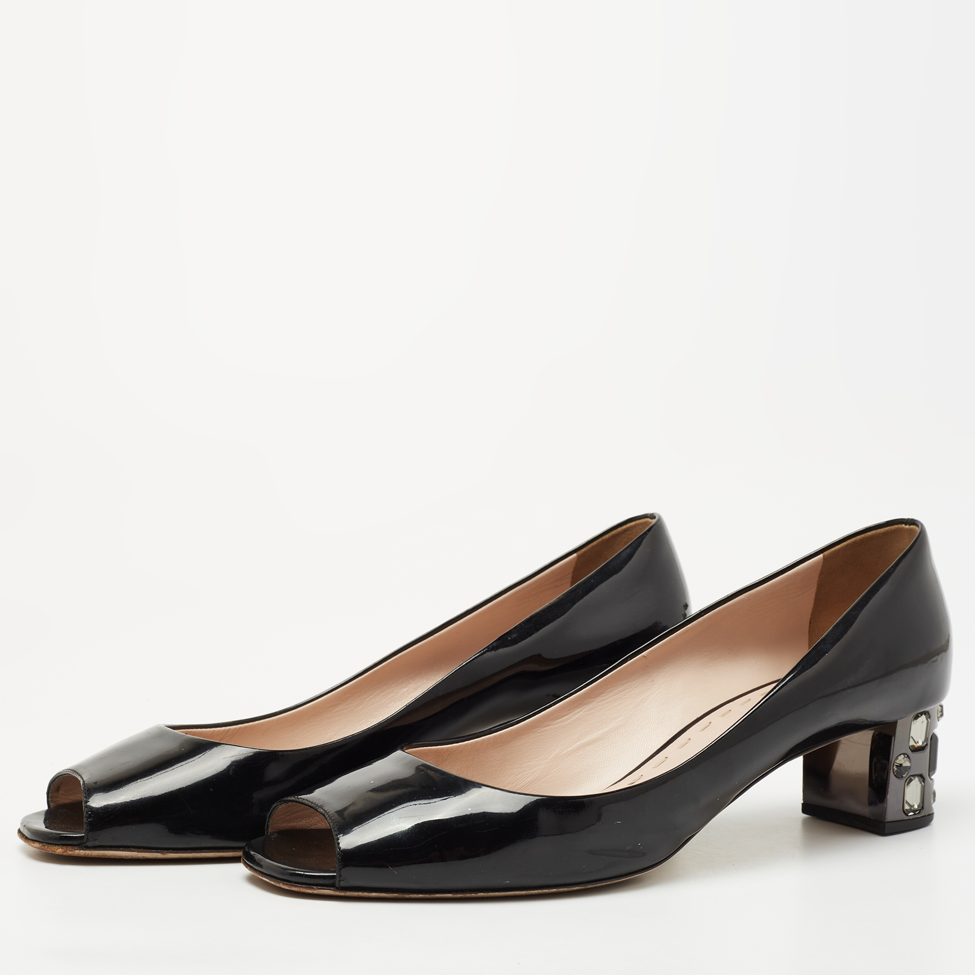 

Miu Miu Black Patent Leather Block Heel Peep Toe Pumps Size