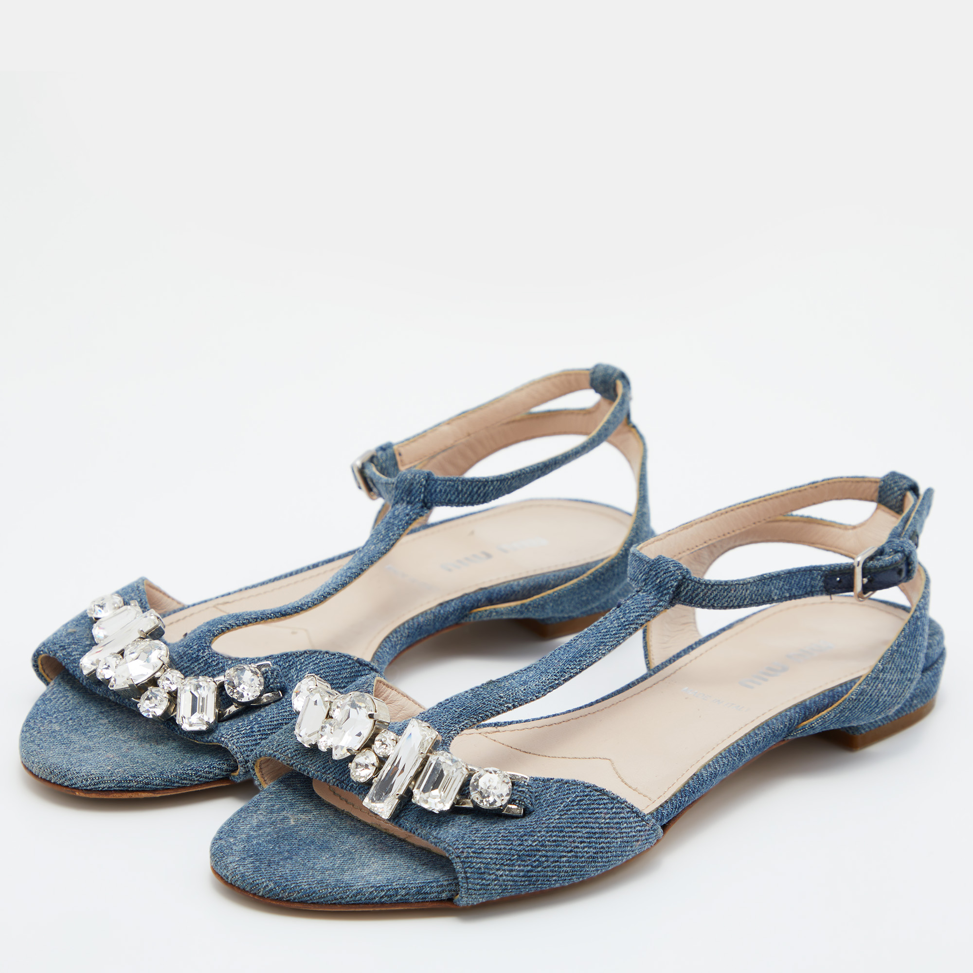 

Miu Miu Blue Denim Crystal Embellished Ankle Strap Flats Size