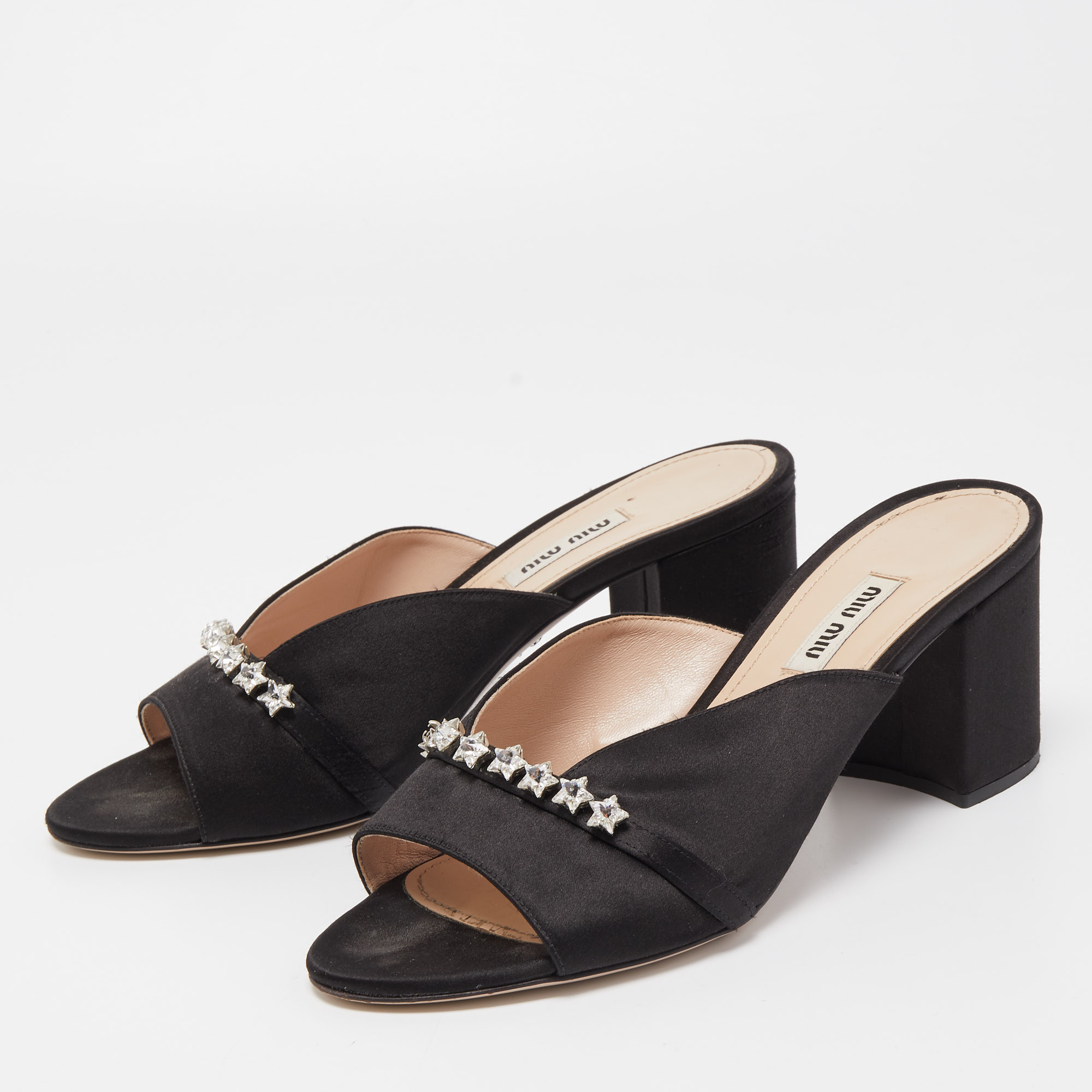 

Miu Miu Black Satin Star Slide Sandals Size