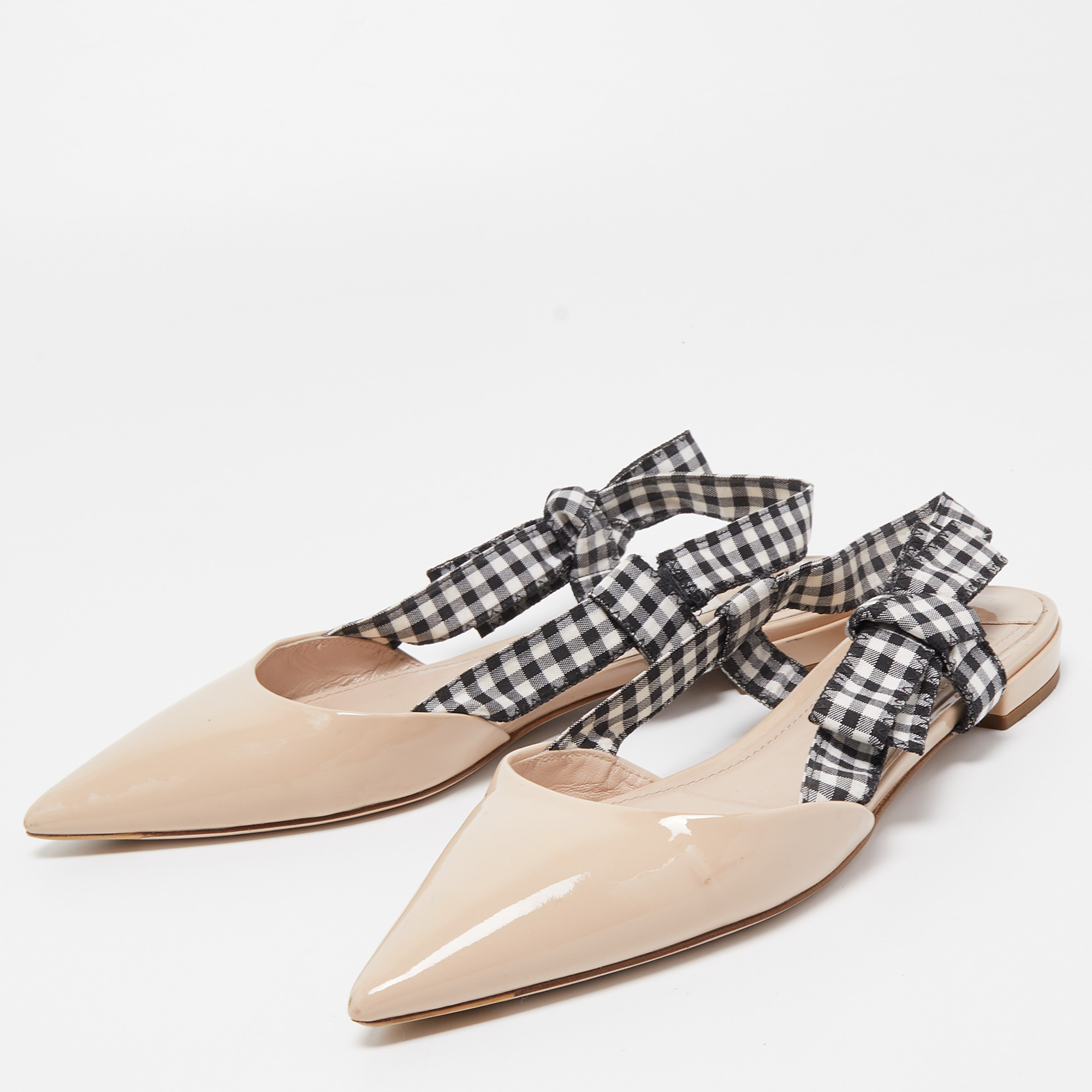 

Miu Miu Tricolor Patent Leather and Gingham Fabric Bow Slingback Flats Size, Beige