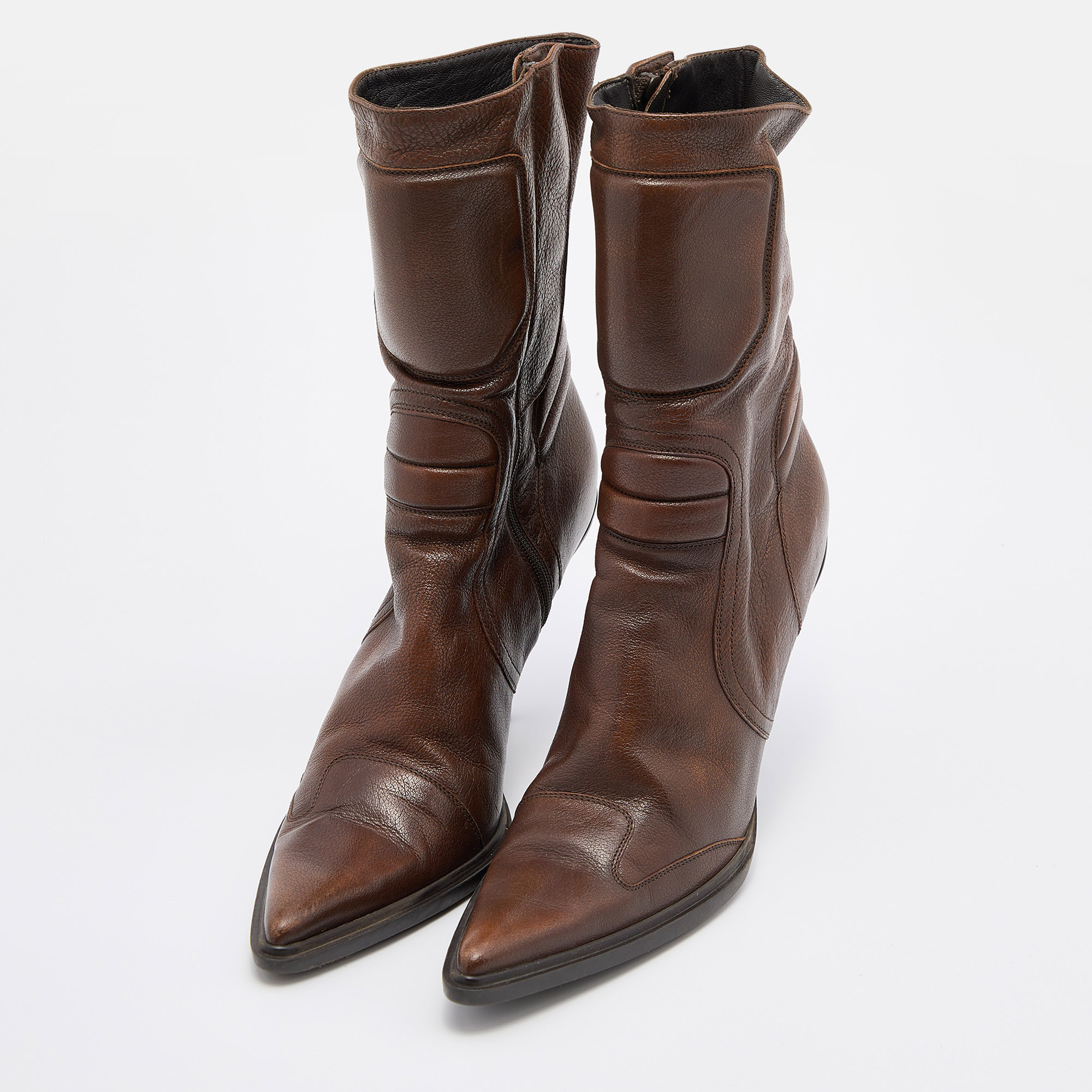 

Miu Miu Brown Leather Mid Calf Pointed Toe Boots Size