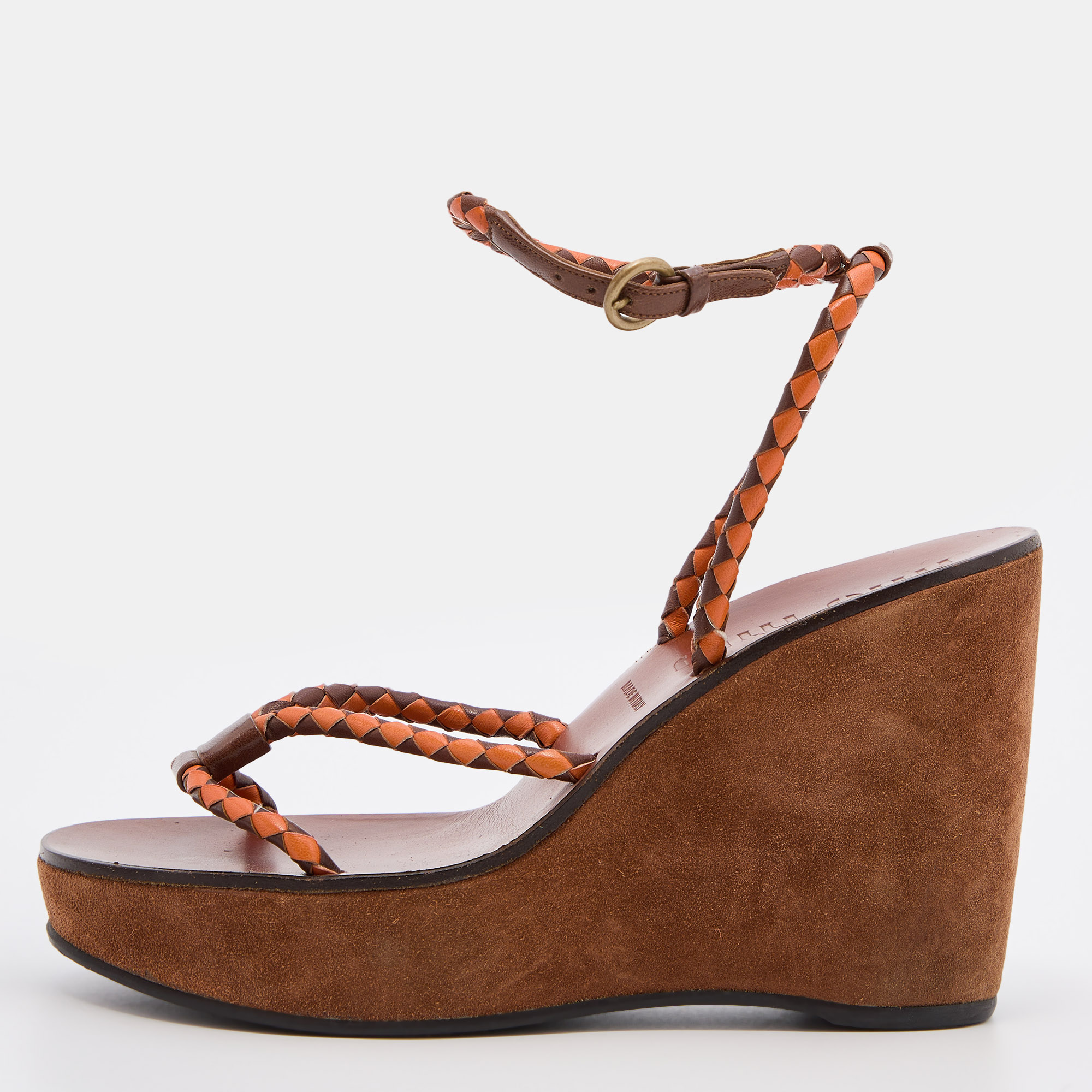 Pre-owned Miu Miu Brown/orange Leather Strappy Wedge Sandals Size 38