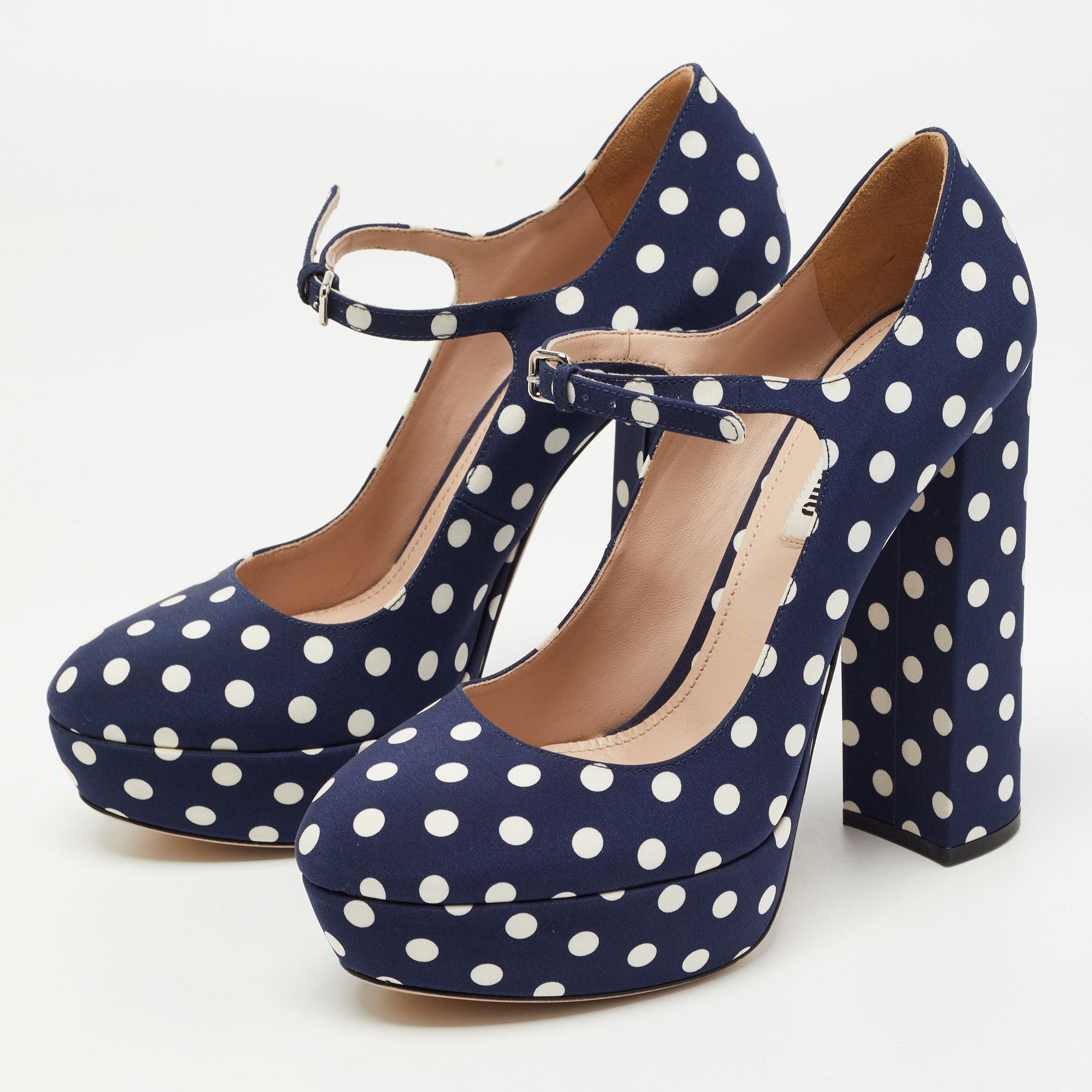 

Miu Miu Navy Blue/White Canvas Polka Dot Platform Pumps Size