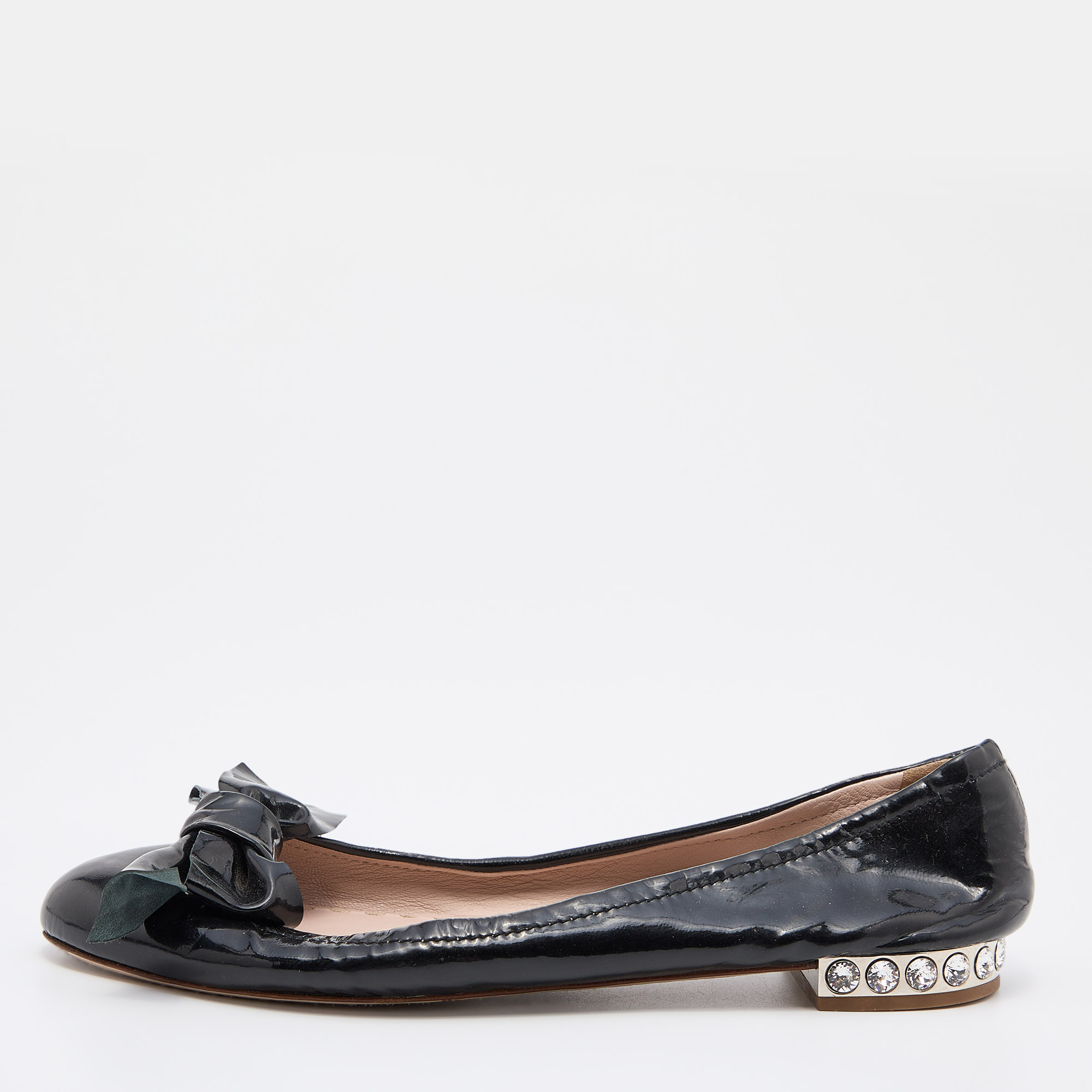 Pre-owned Miu Miu Black Patent Leather Crystal Embellished Bow Ballet Flats Size 38.5