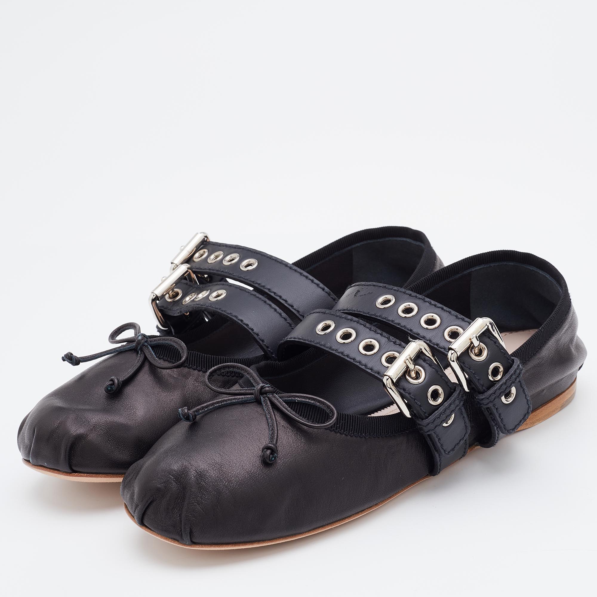 

Miu Miu Black Leather Double Buckle Lace Up Ballet Flats Size