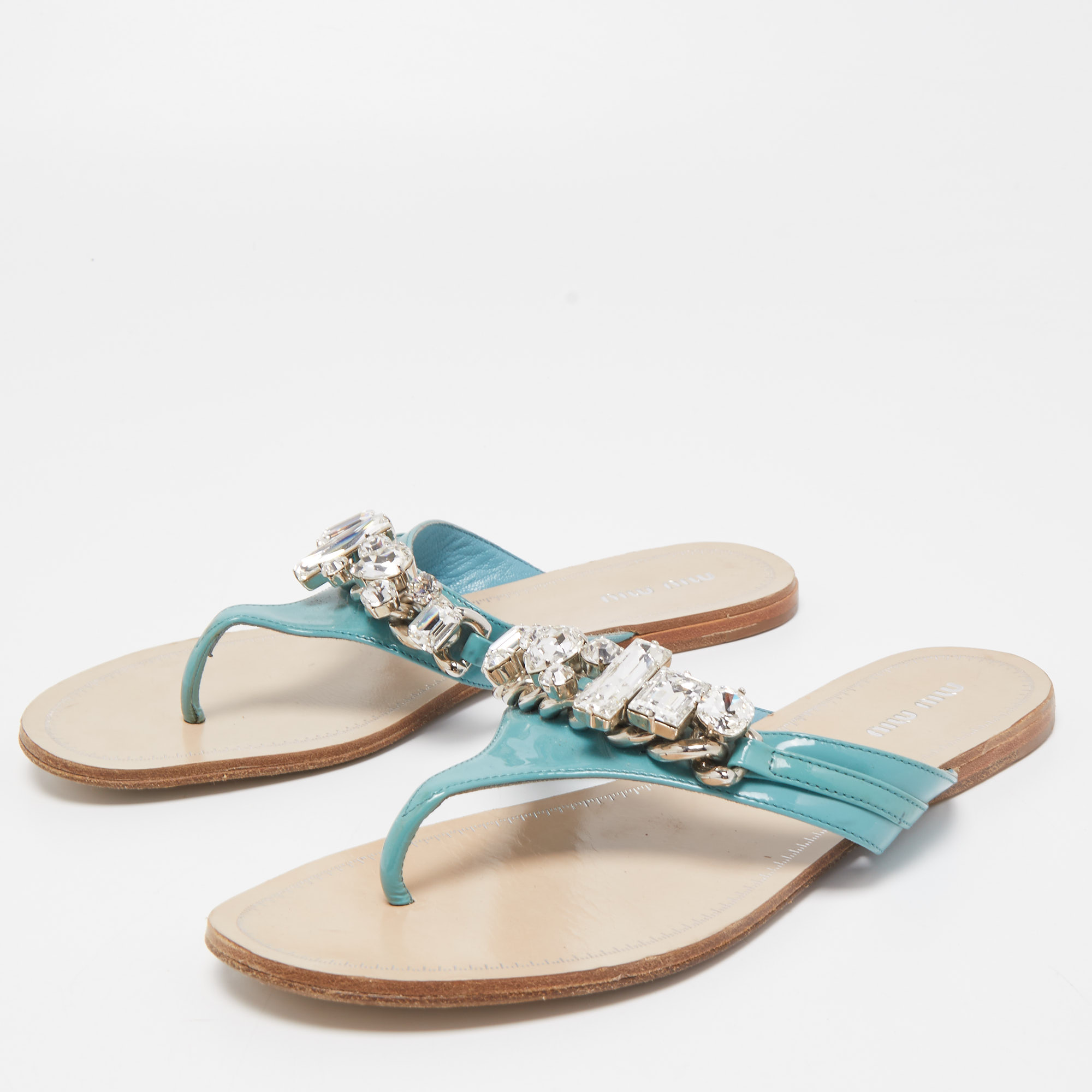 

Miu Miu Blue Patent Leather Crystal Embellished Thong Flats Size