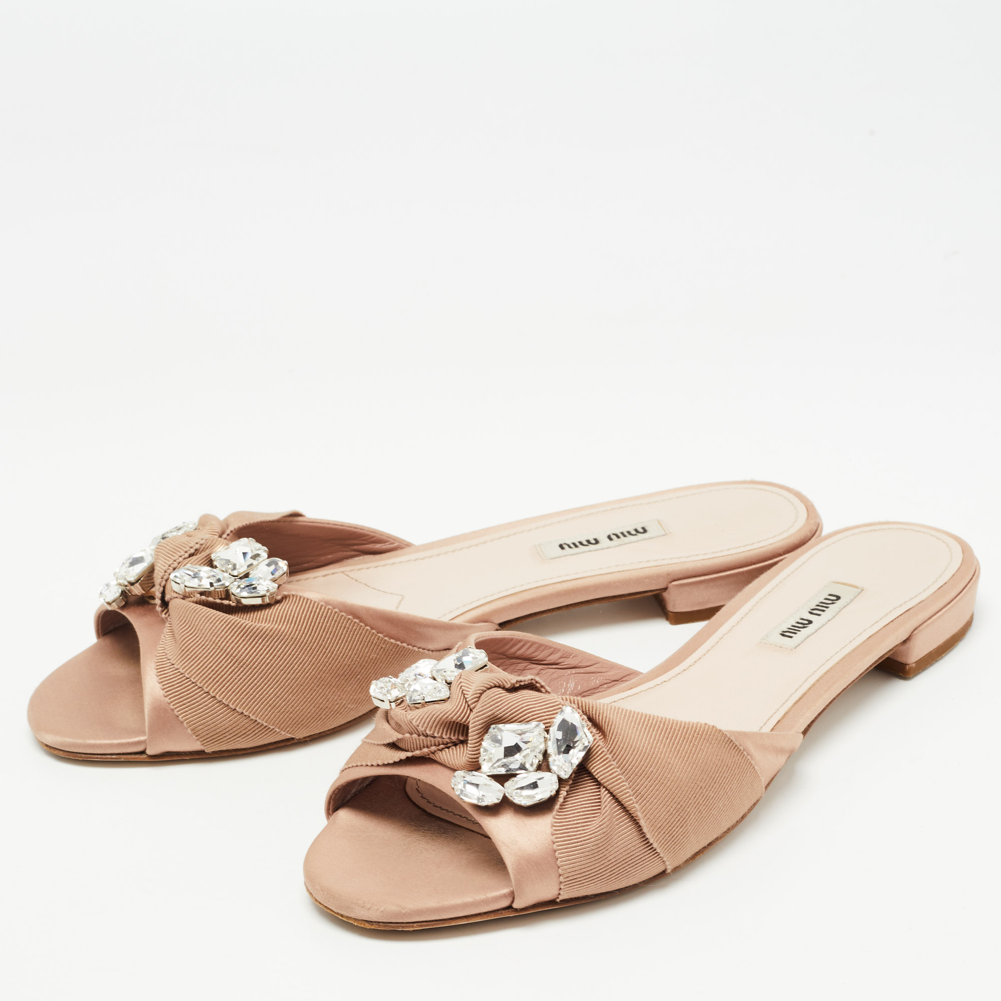 

Miu Miu Beige Satin and Crystal Slide Flats Size
