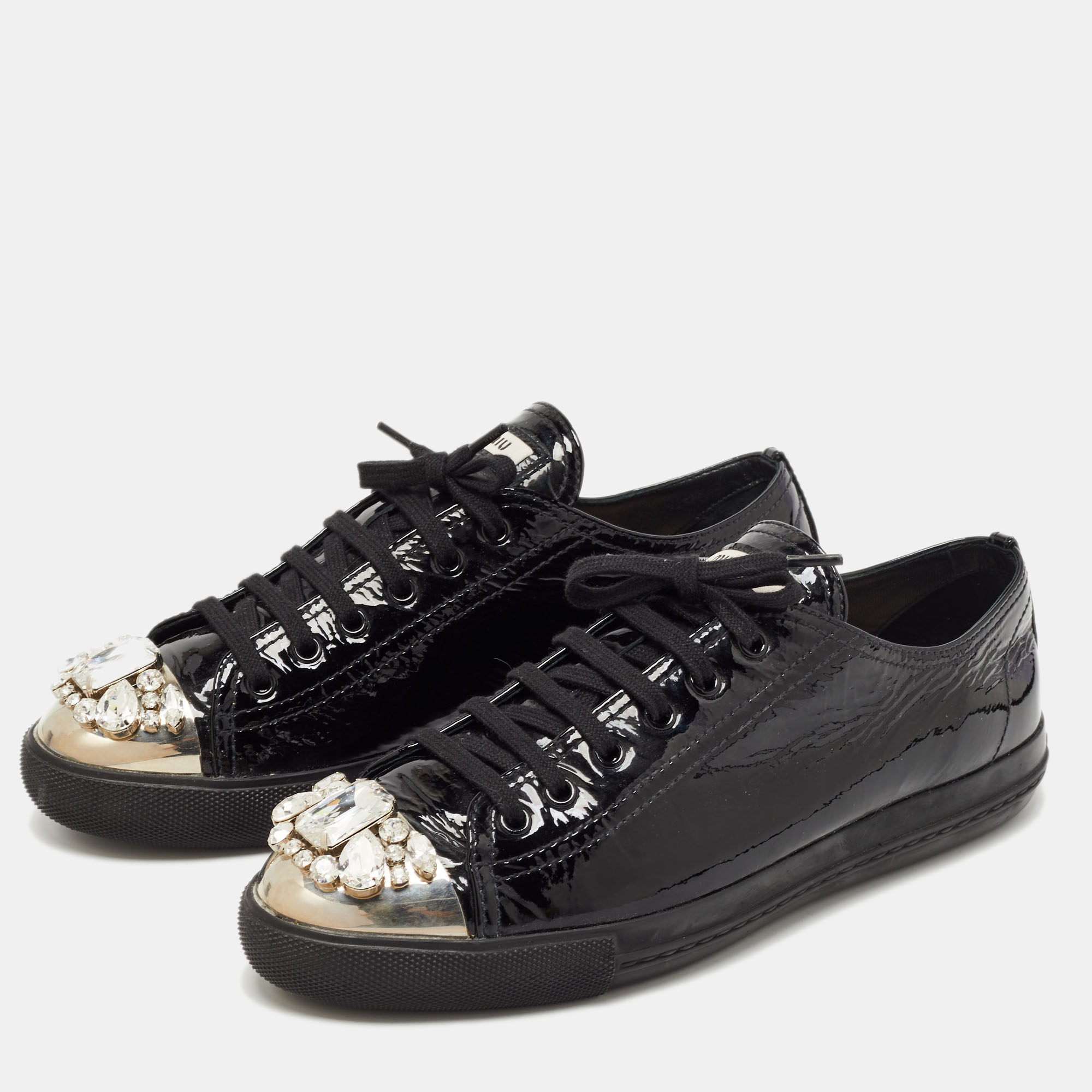 

Miu Miu Black Patent Leather Crystal Embellished Cap Toe Low Top Sneakers Size