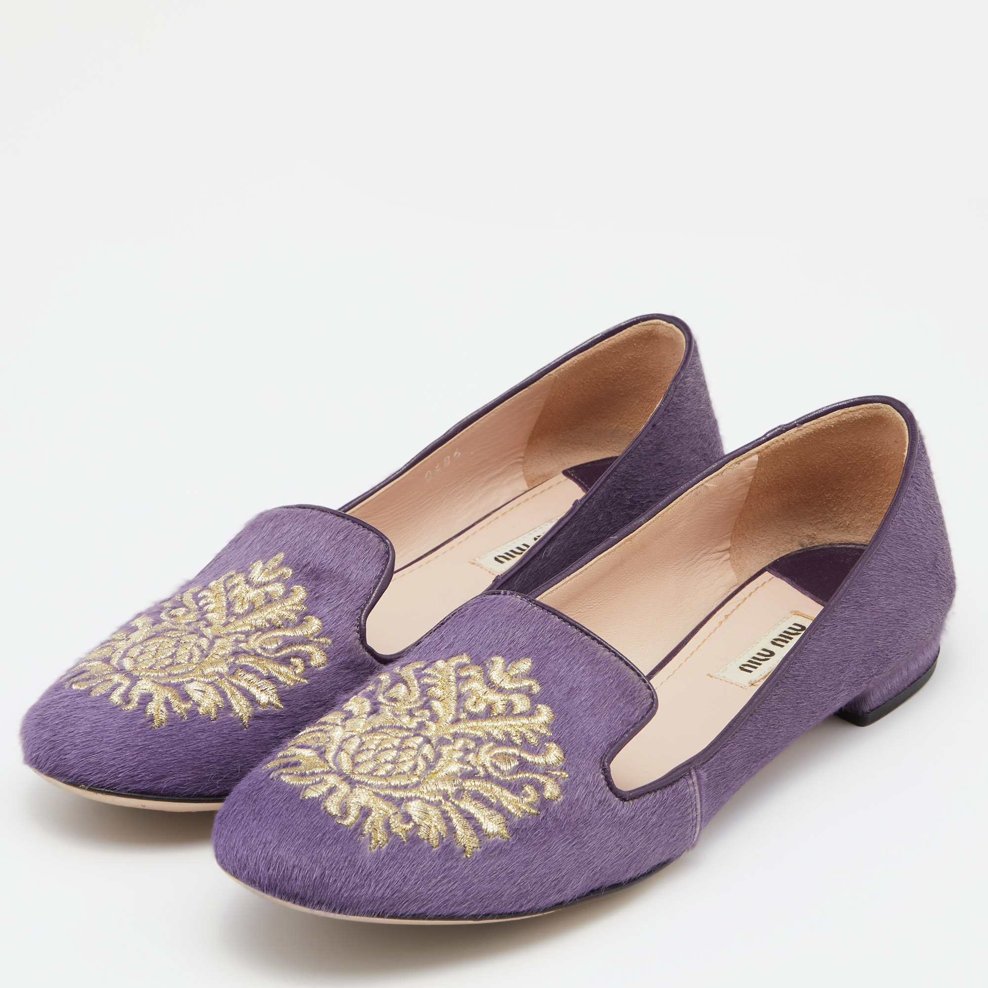 

Miu Miu Purple Crest Embroidered Calfhair Smoking Slippers Size