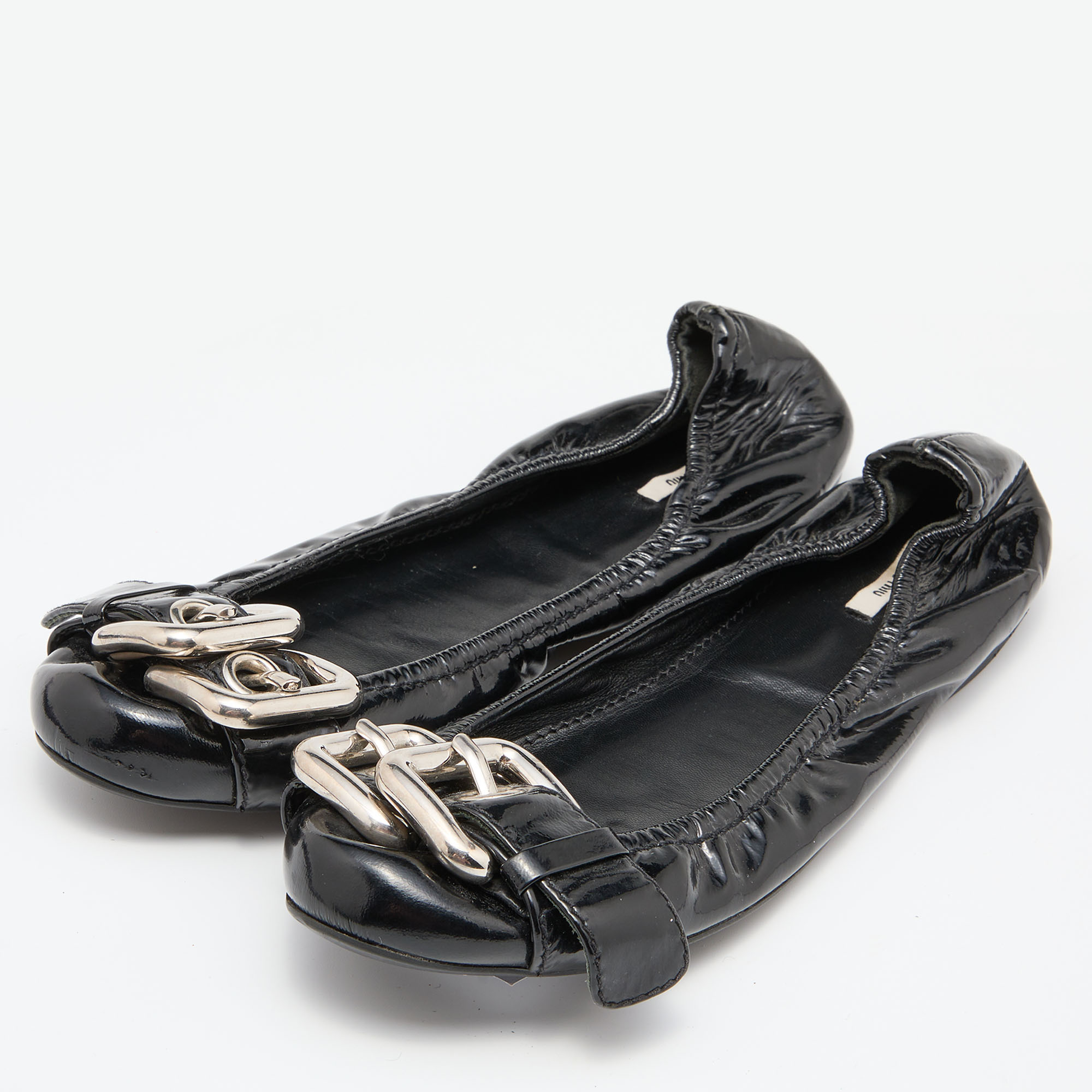 

Miu Miu Black Patent Leather Scrunch Buckle Ballet Flats Size