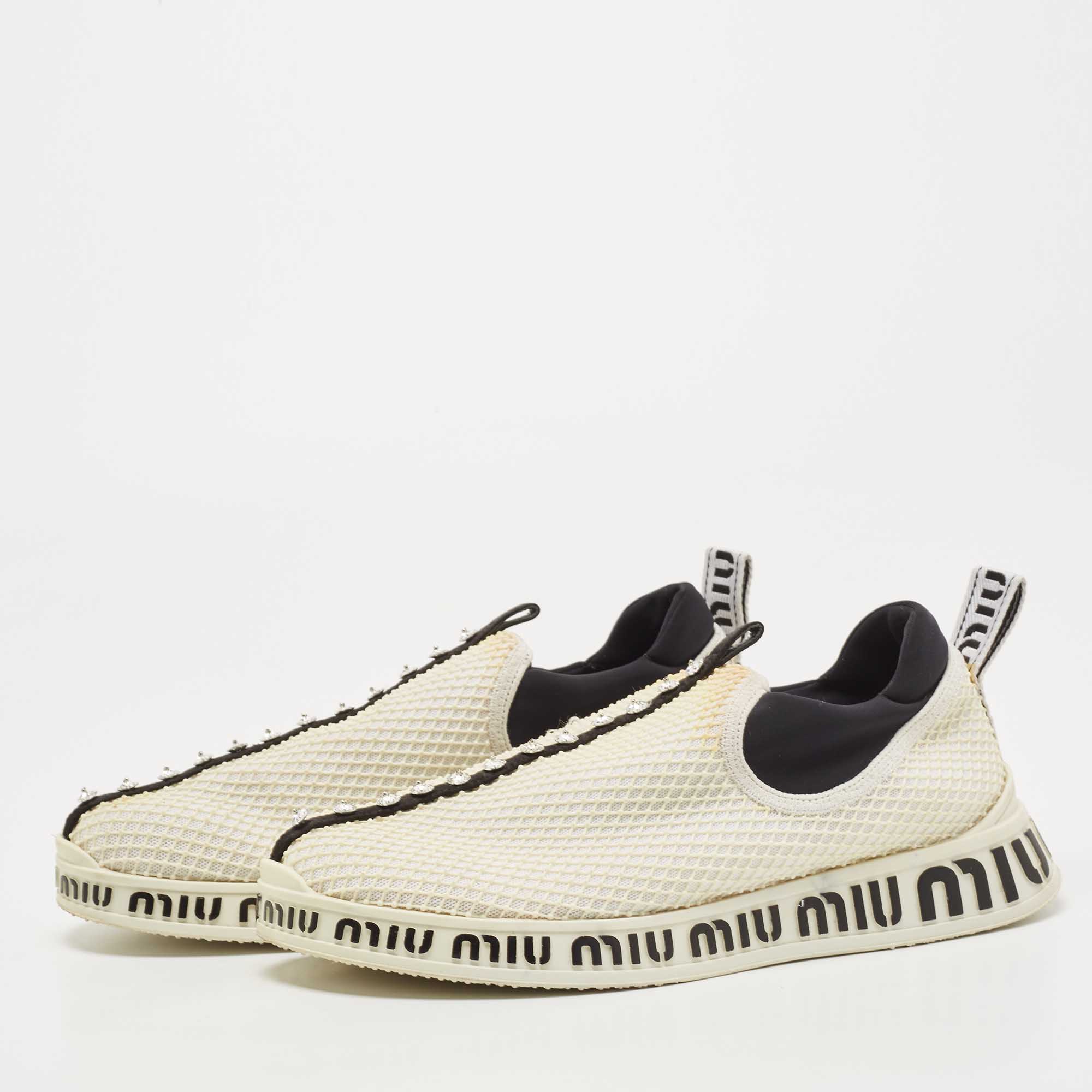 

Miu Miu Cream Mesh Crystal Embellished Slip On Sneakers Size