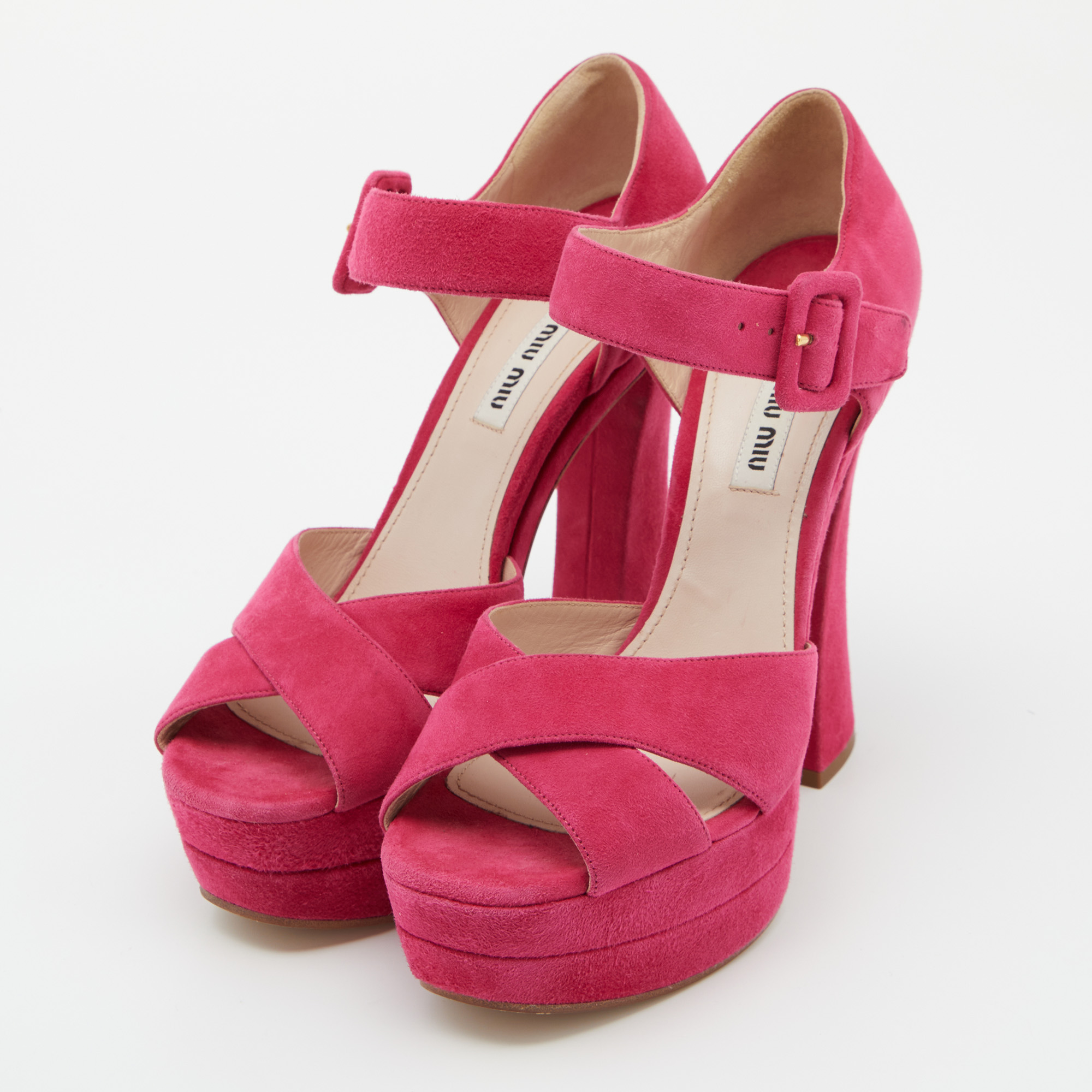 

Miu Miu Pink Suede Platform Block Heel Sandals Size