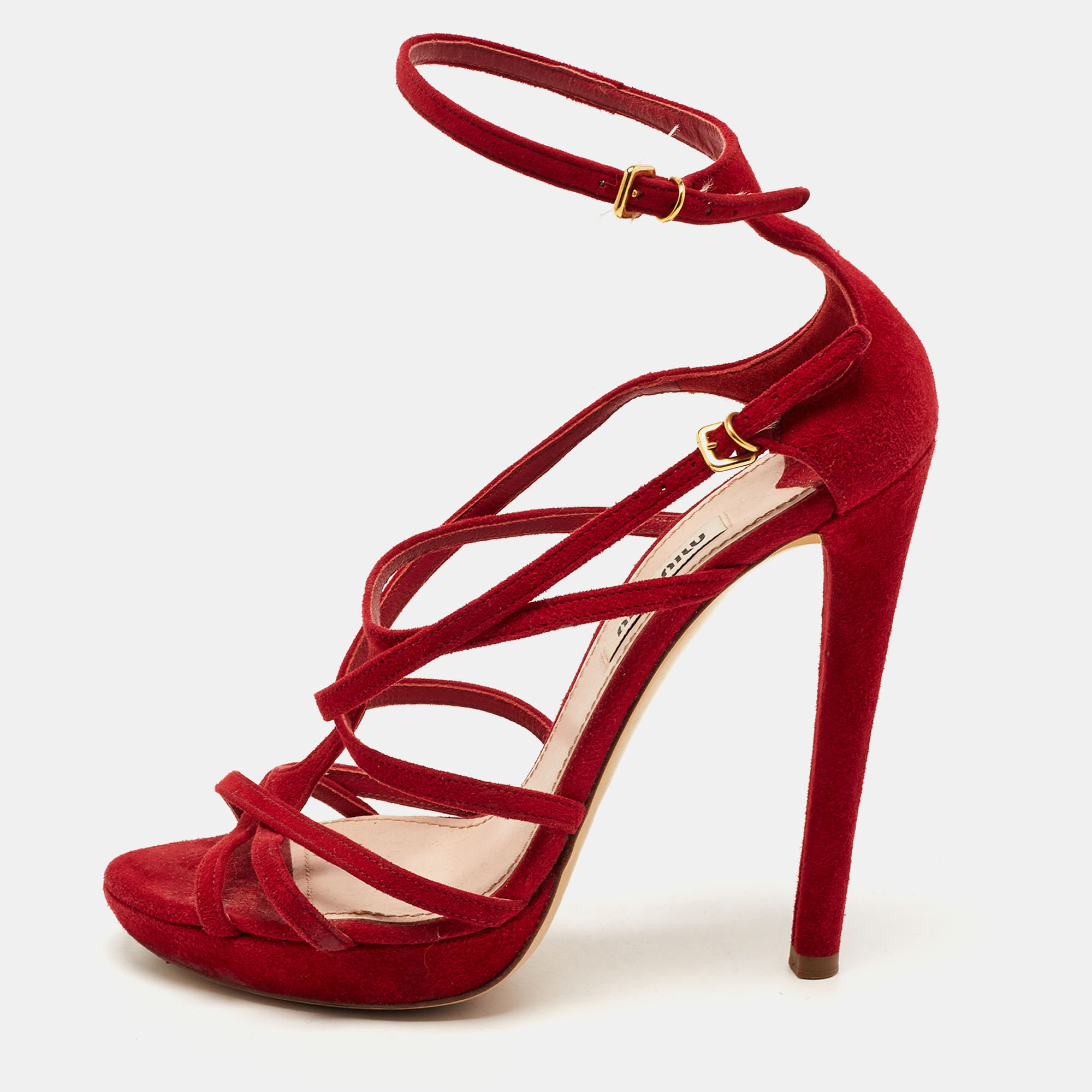 Pre-owned Miu Miu Red Suede Strappy Platform Sandals Size 36