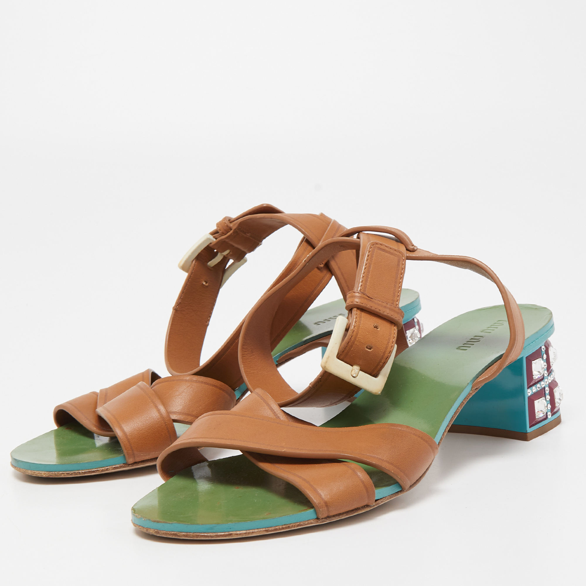 

Miu Miu Brown Leather Crystal Embellished Heel Ankle Strap Sandals Size