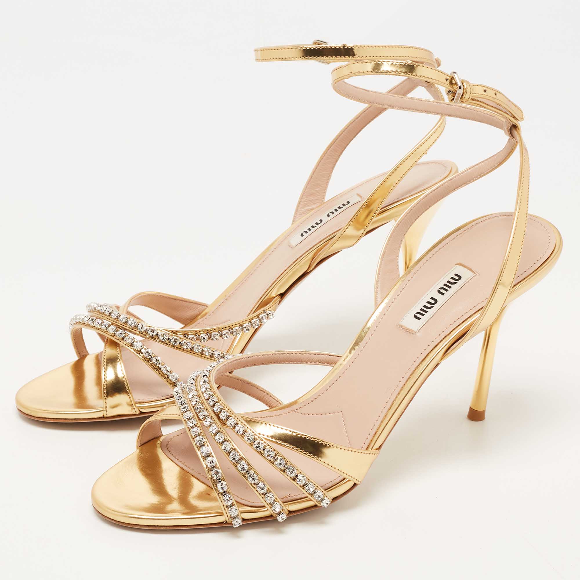 

Miu Miu Gold Foil Leather Crystal Embellished Ankle Strap Sandals Size