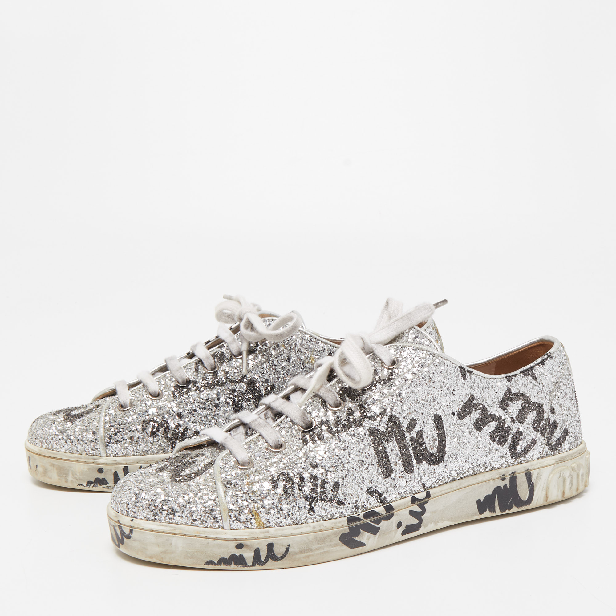 

Miu Miu Silver Coarse Glitter Logo Print Low Top Sneakers Size