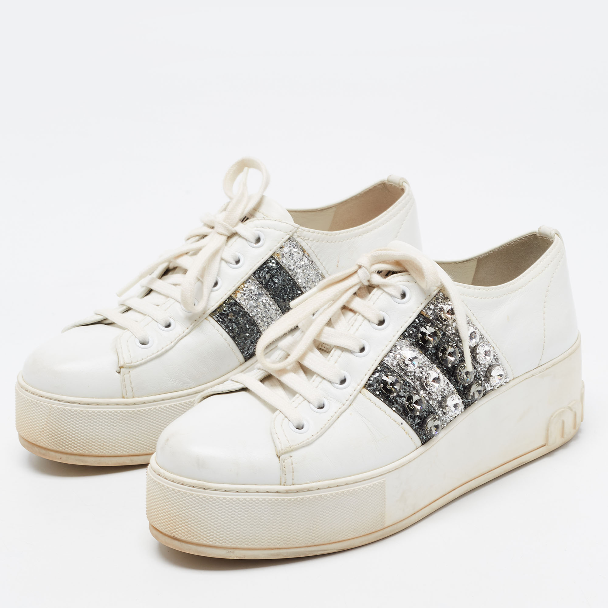 

Miu Miu White Leather Crystal Embellished Platform Sneakers Size