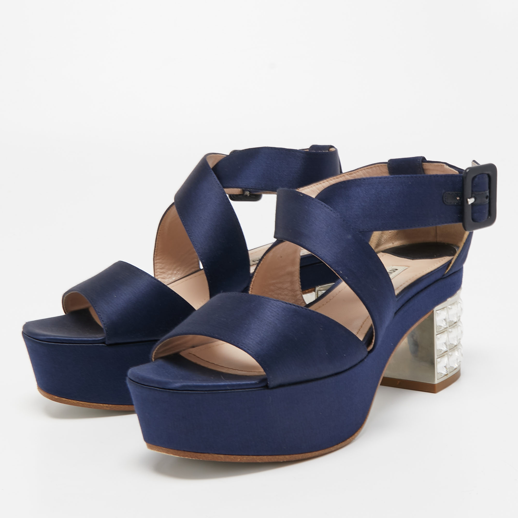 

Miu Miu Navy Blue Satin Crystal Embellished Block Sandals Size