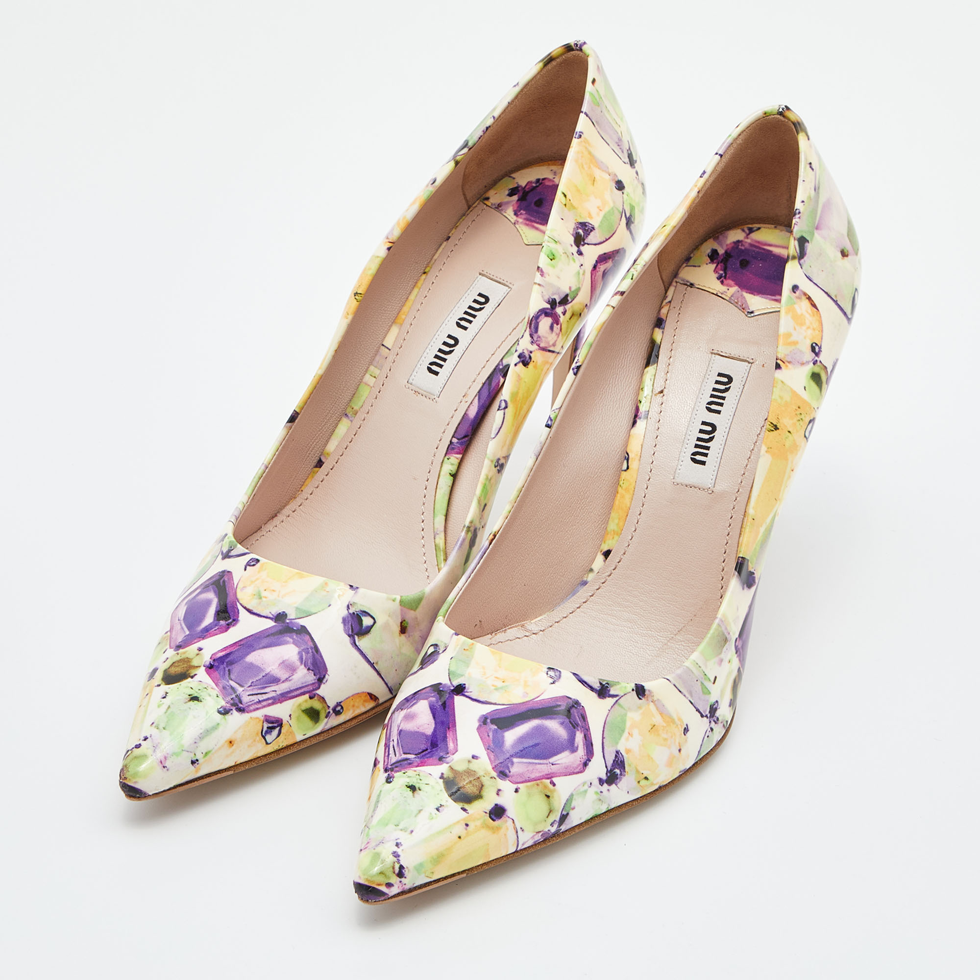 

Miu Miu Multicolor Printed Patent Leather Pointed Toe Pumps Size