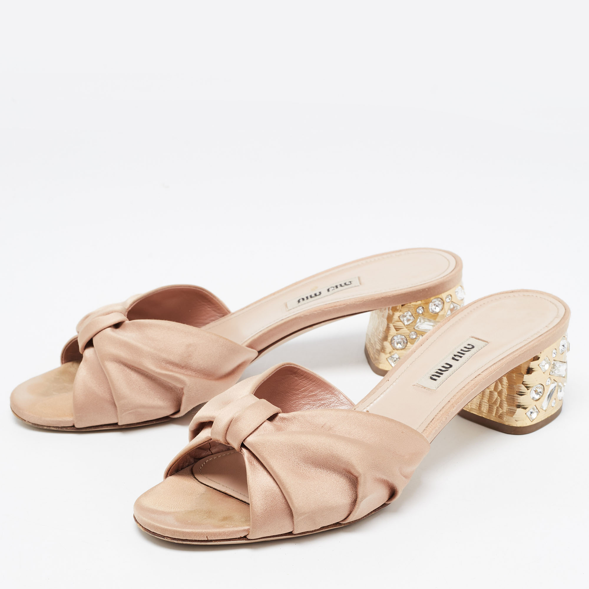 

Miu Miu Beige Satin Crystal Embellished Block Heel Slide Size