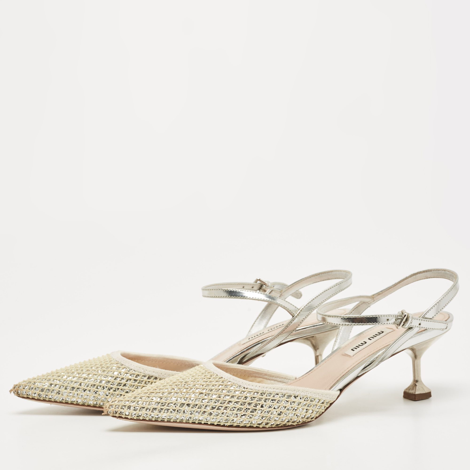 

Miu Miu White/Silver Leather and Glitter Slingback Pointed Toe Pumps Size