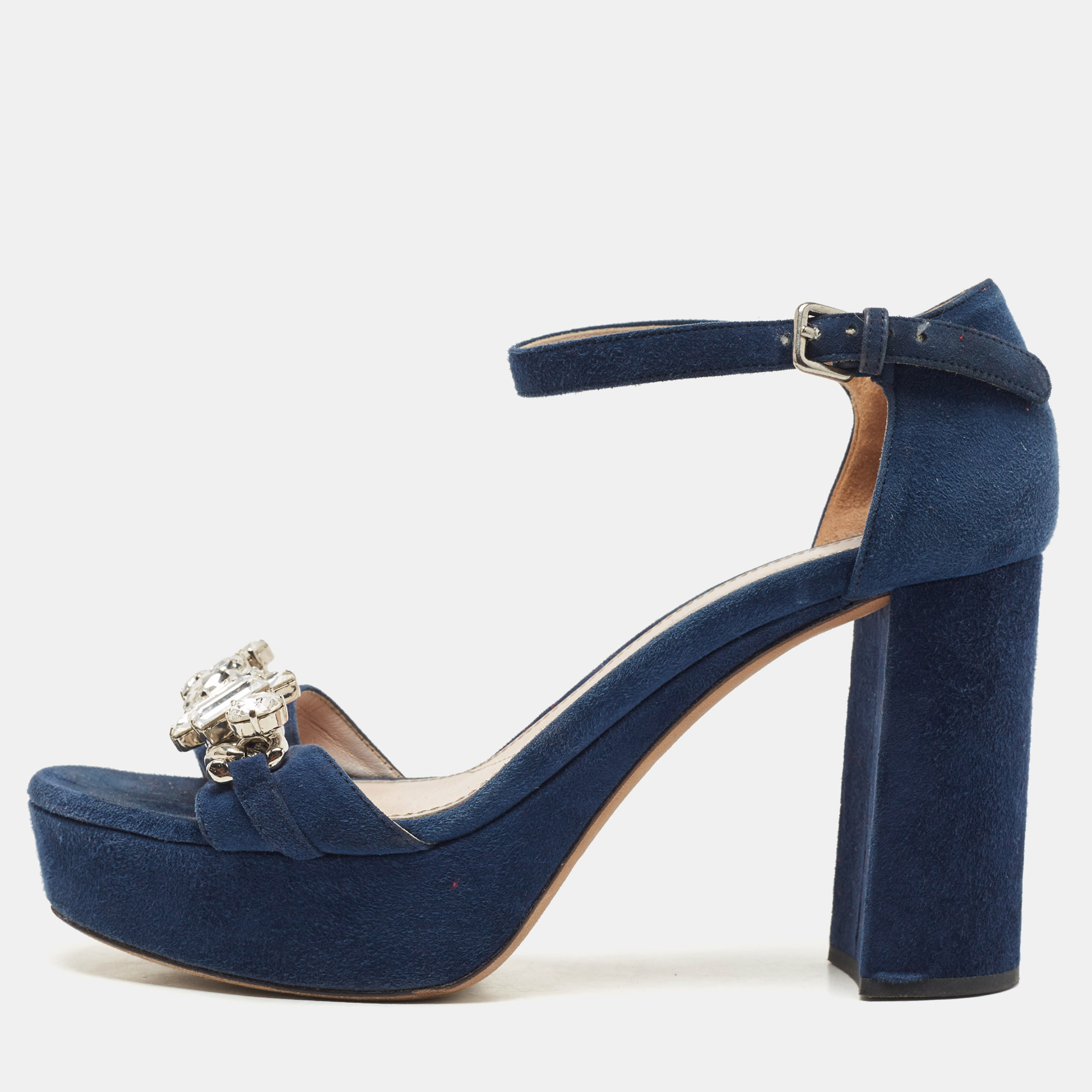 Pre-owned Miu Miu Navy Blue Suede Crystal Embellished Ankle Strap Sandals Size 37.5