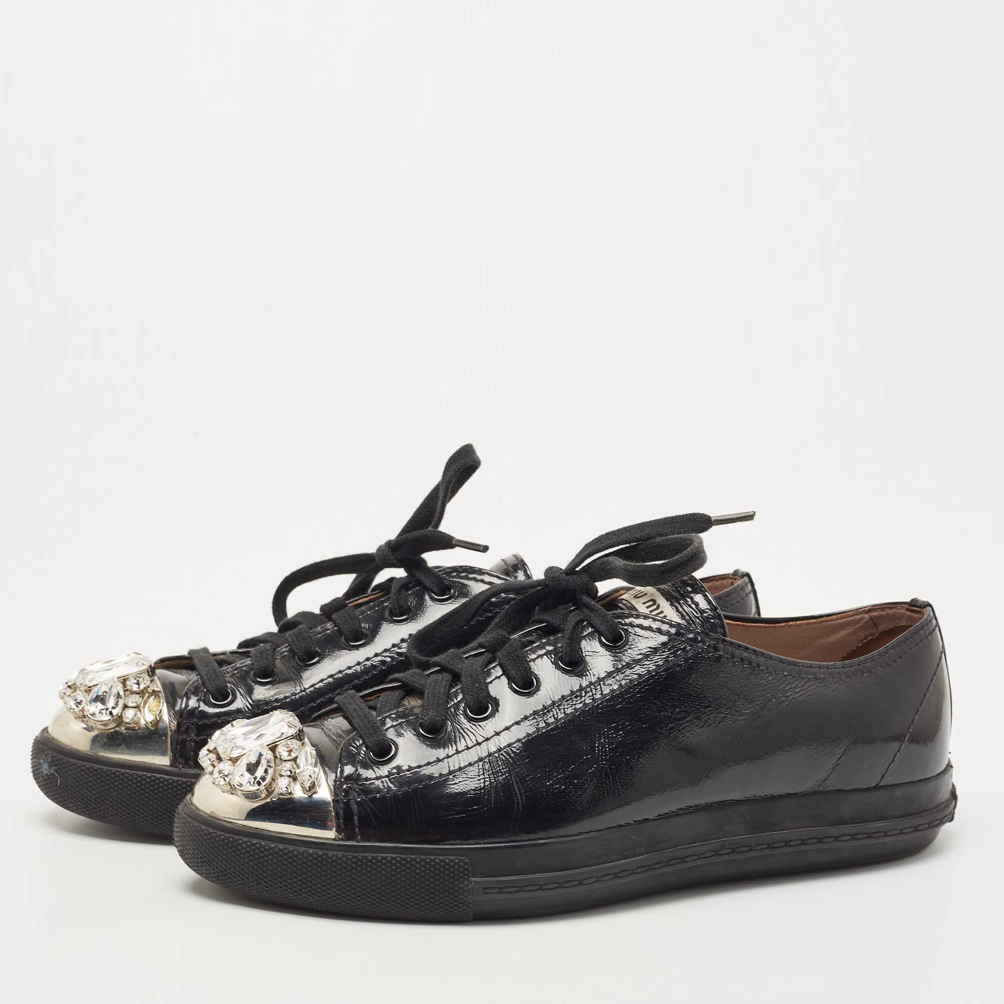 

Miu Miu Black Patent Leather Crystal Embellished Cap Toe Low Top Sneakers Size