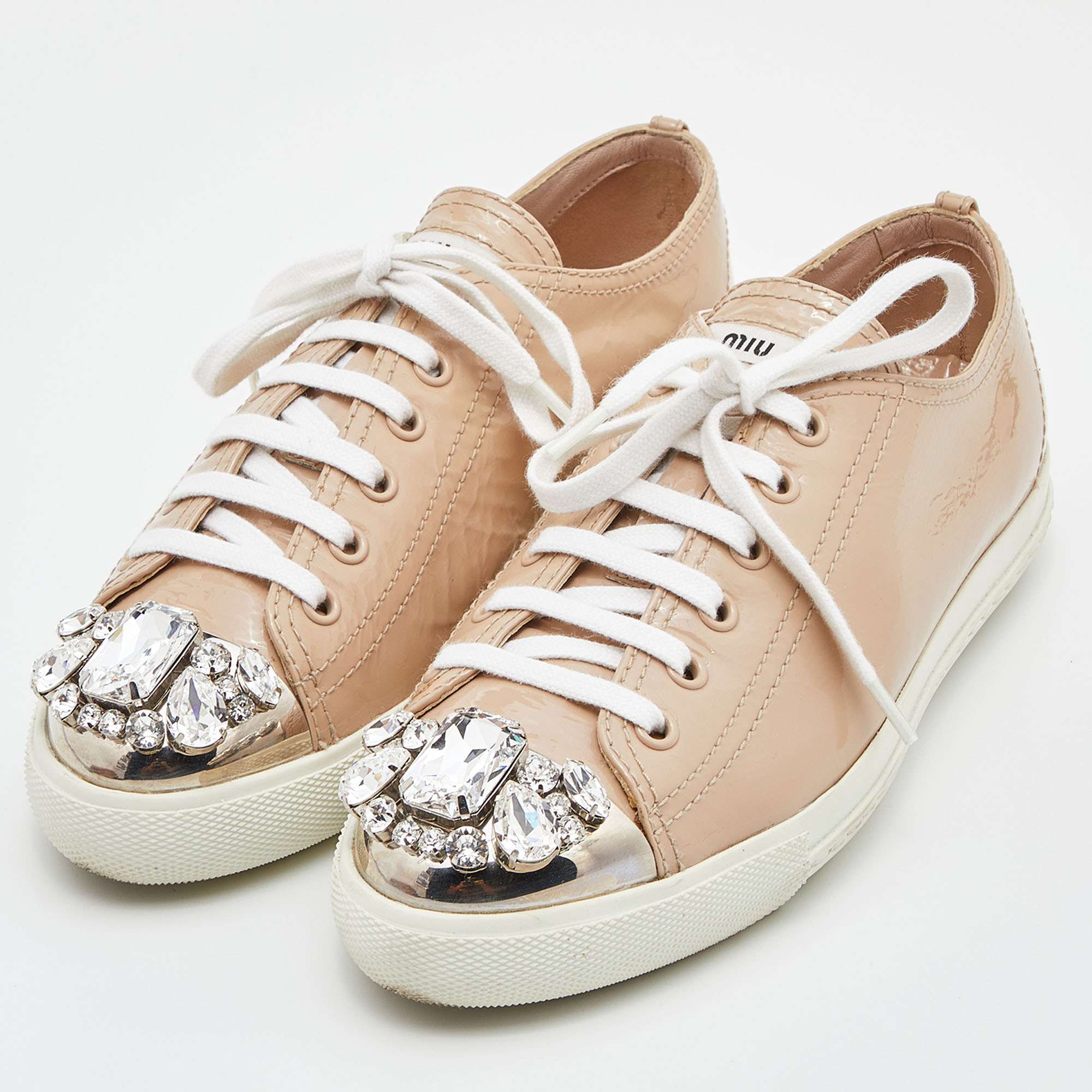 

Miu Miu Beige Leather Crystal Embellished Cap Toe Sneakers Size