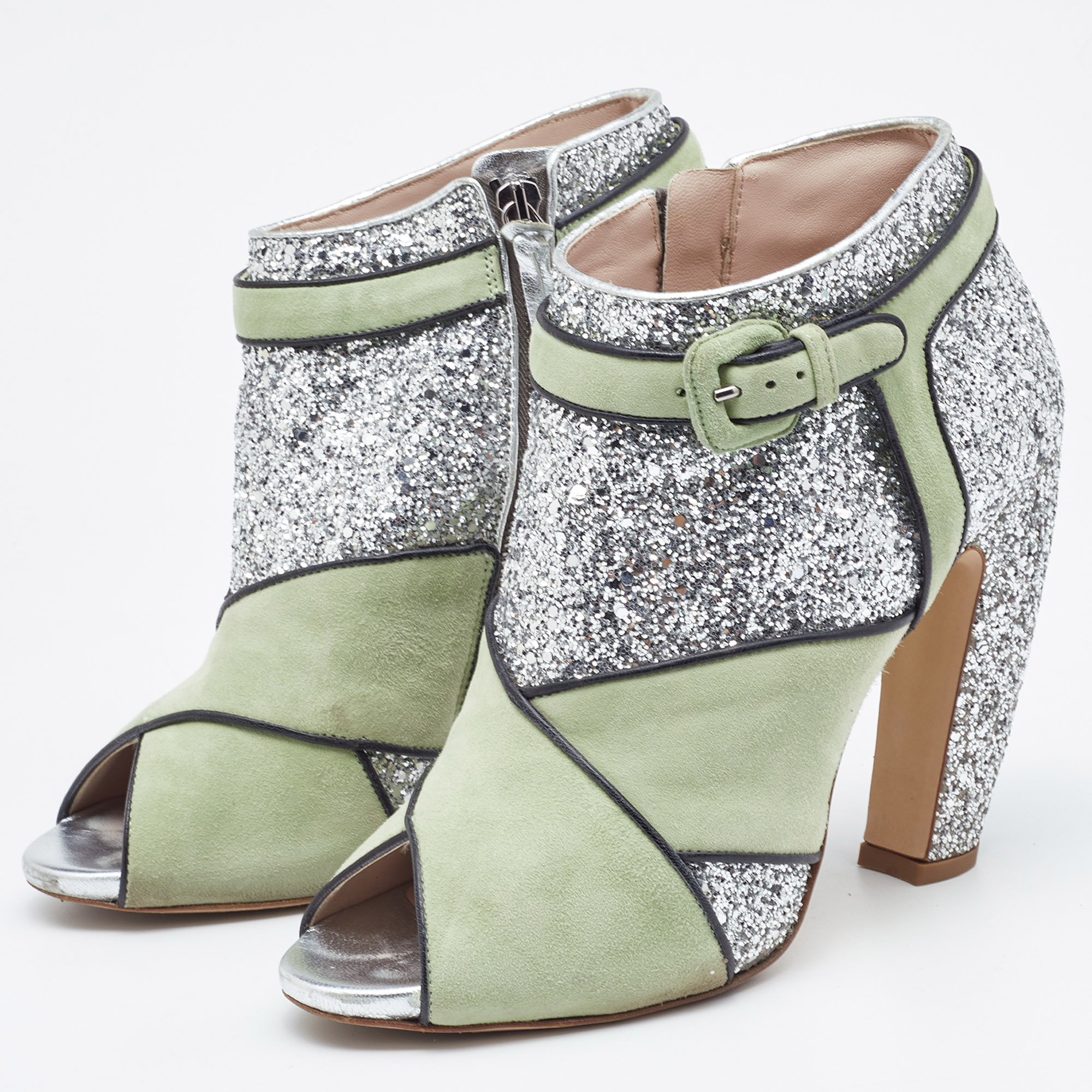 

Miu Miu Green/Silver Glitter and Suede Peep-Toe Ankle Boots Size