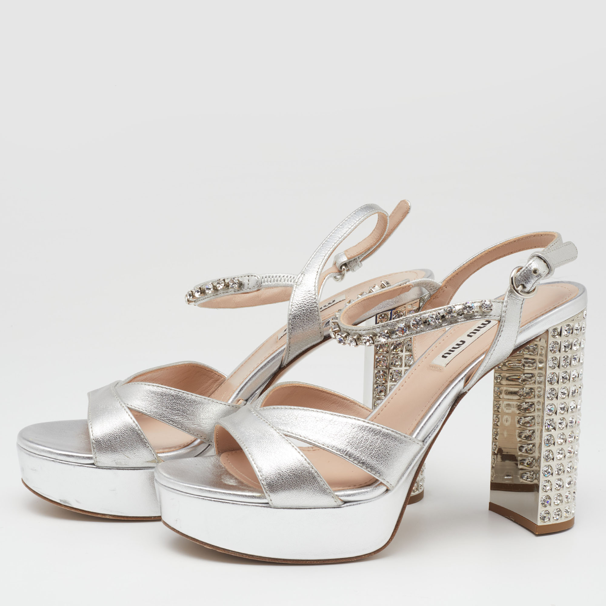 

Miu Miu Silver Leather Crystal Embellished Ankle Strap Platform Sandals Size