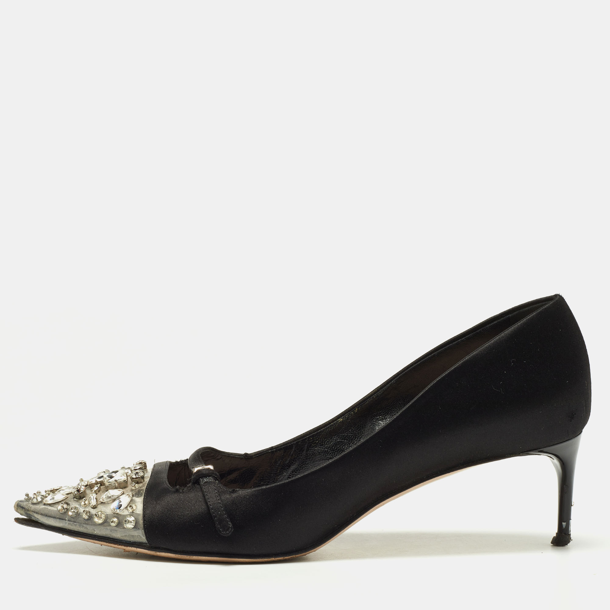 Pre-owned Miu Miu Black Satin And Crystal Embellished Pvc Pointed Toe Pumps Size 38