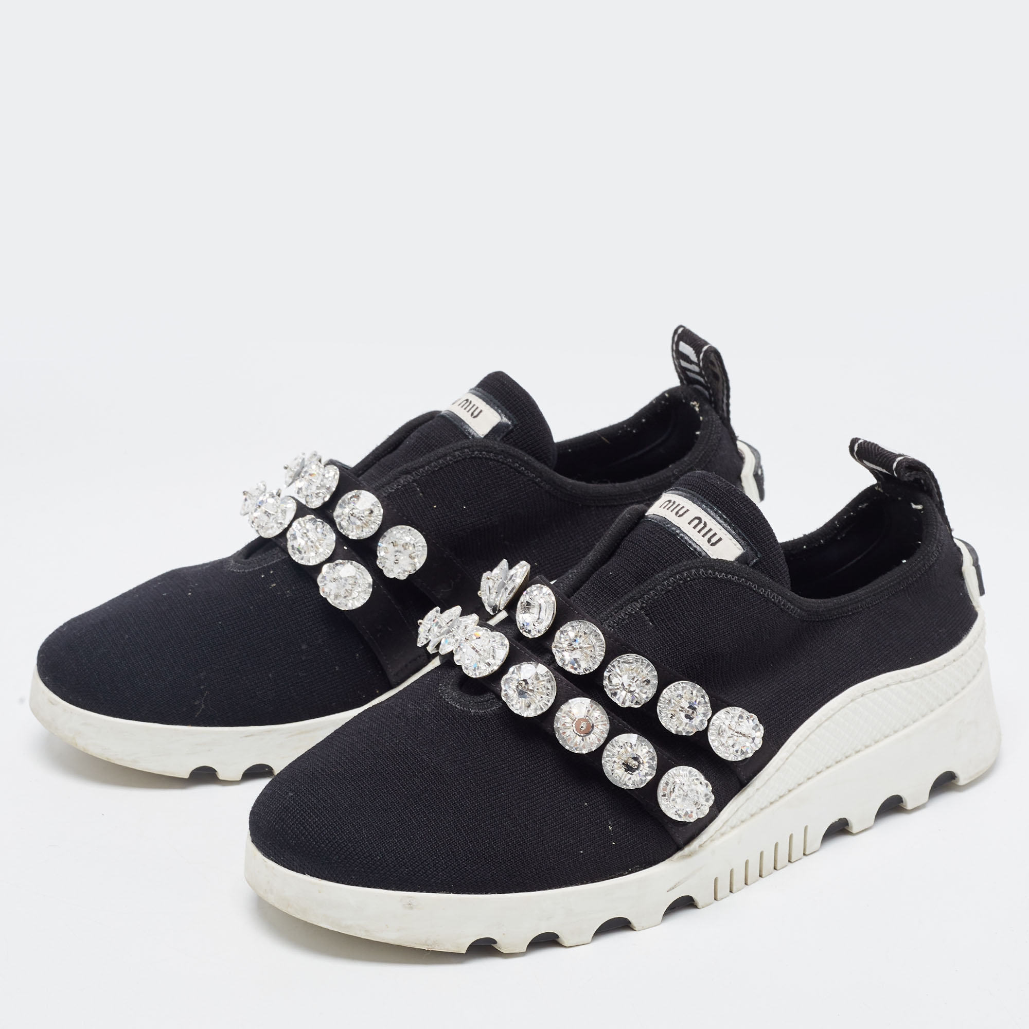 

Miu Miu Black Knit Fabric Double Band Crystal Sneakers Size
