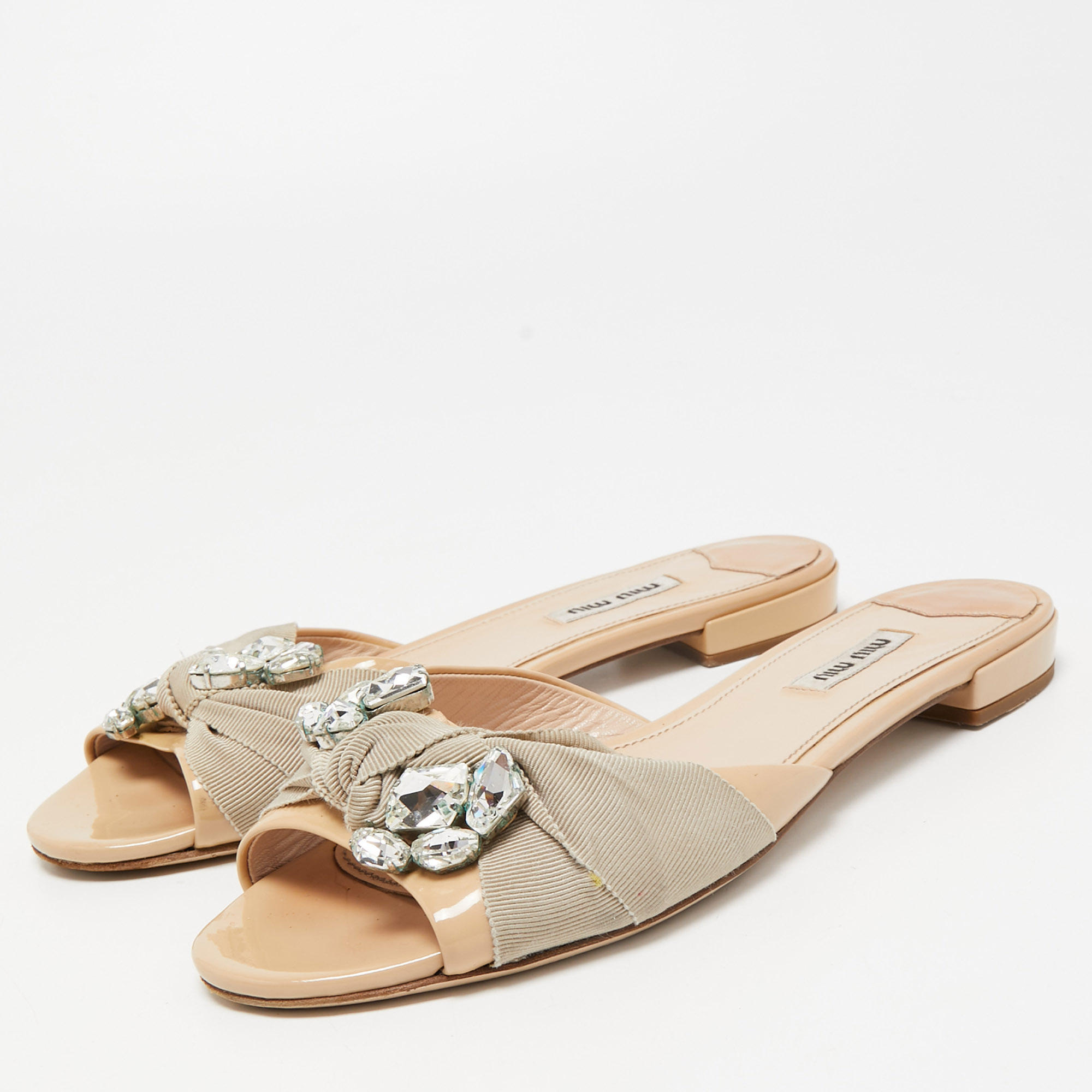 

Miu Miu Two Tone Patent Leather and Knotted Canvas Crystal Embellished Flat Slides Size, Beige