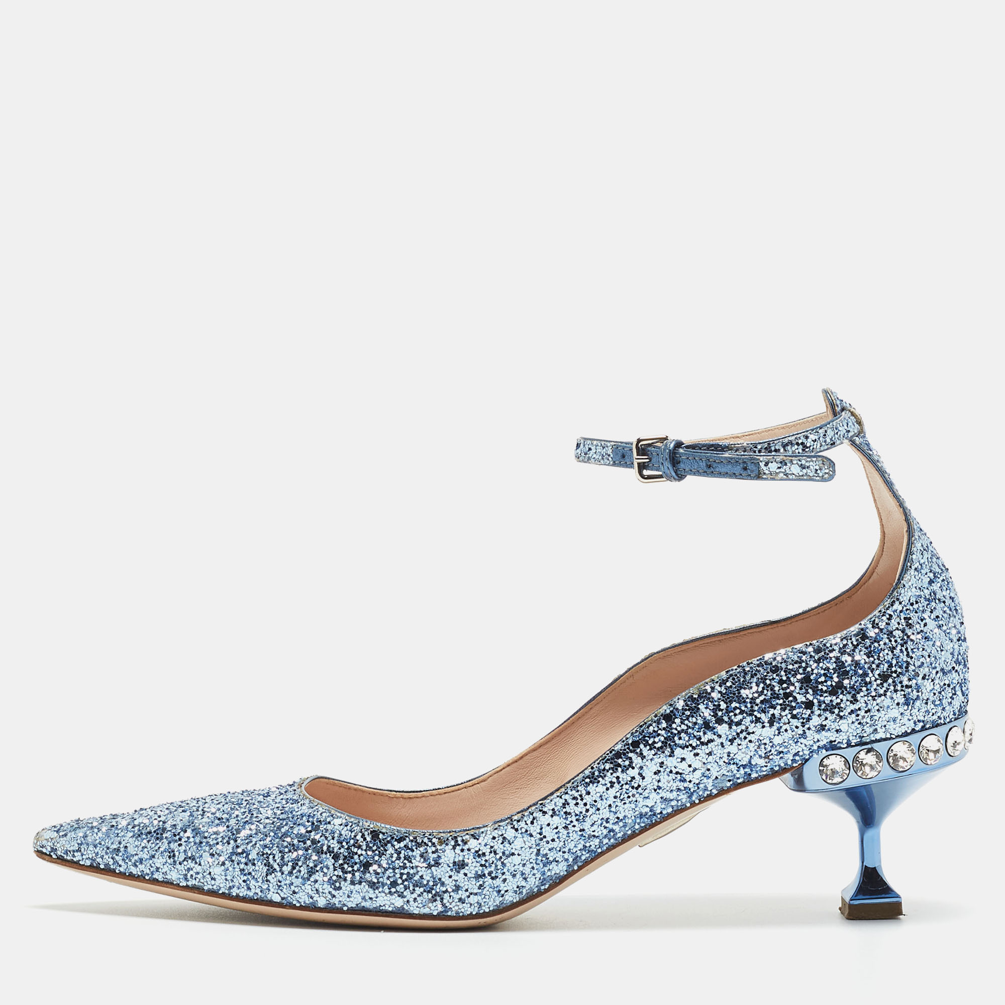 Pre-owned Miu Miu Blue Glitter Crystal Embellished Ankle Strap Pointed Toe Pumps Size 38