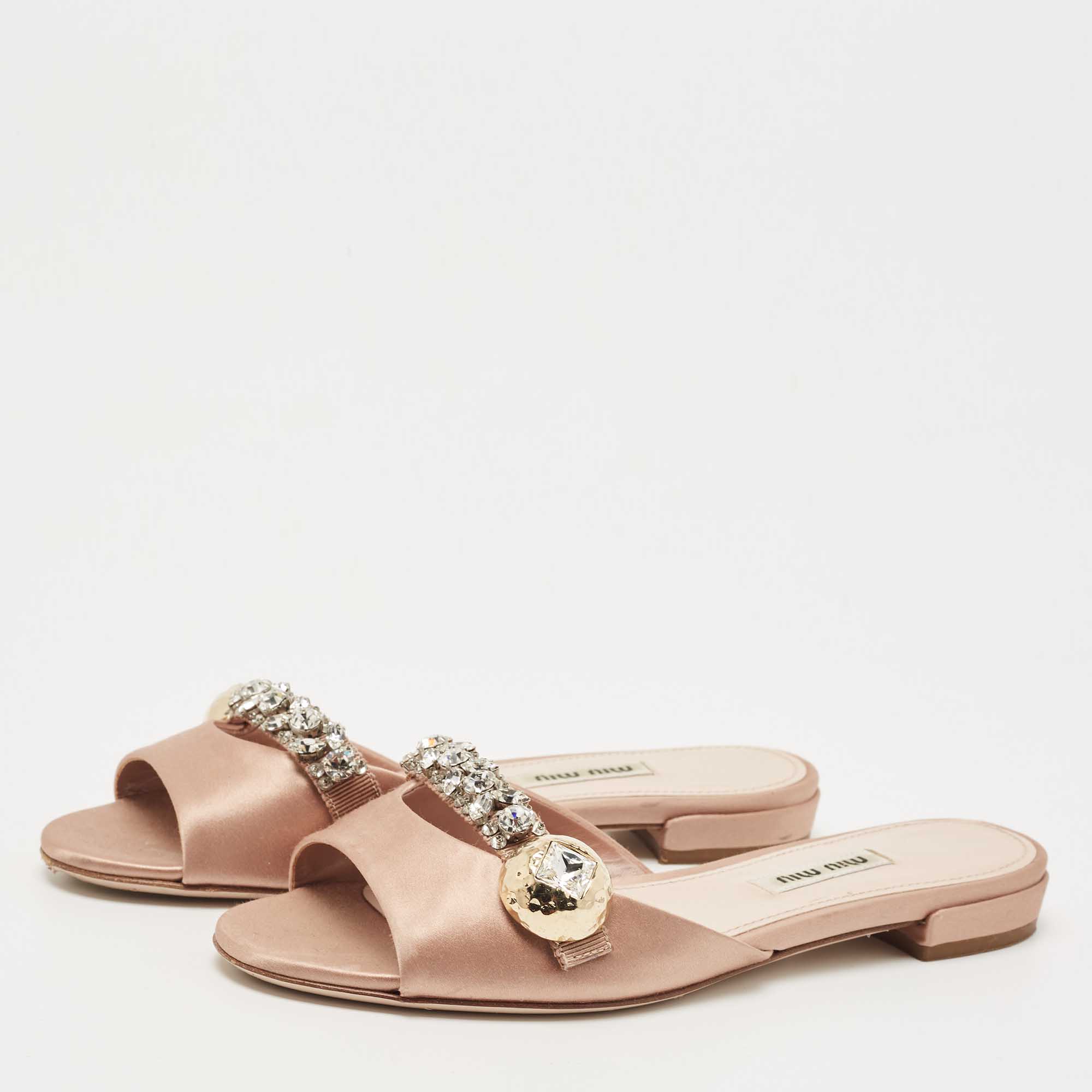 

Miu Miu Beige Satin Crystal Embellished Slide Flats Size