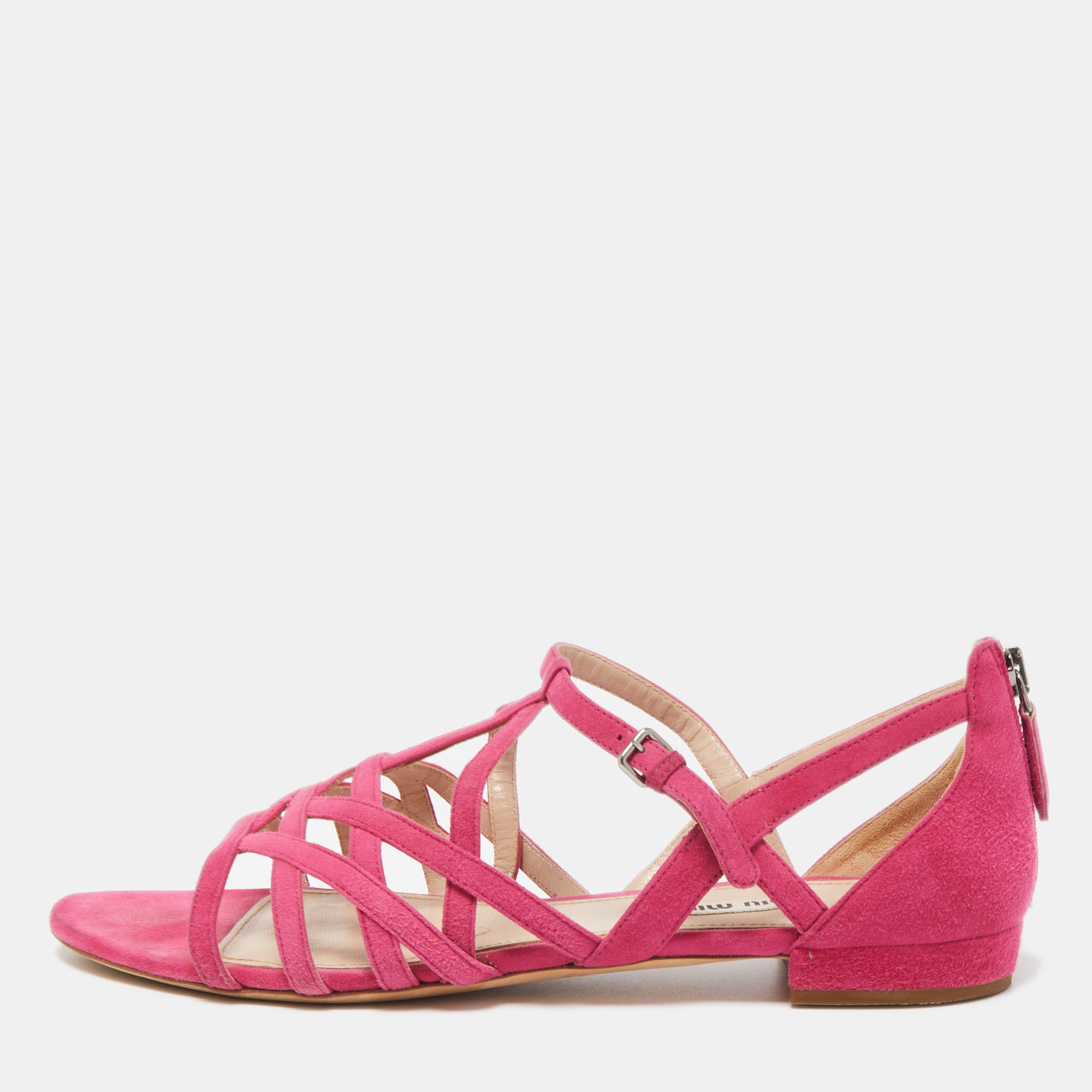 Pre-owned Miu Miu Pink Suede Strappy Flat Sandals Size 39.5