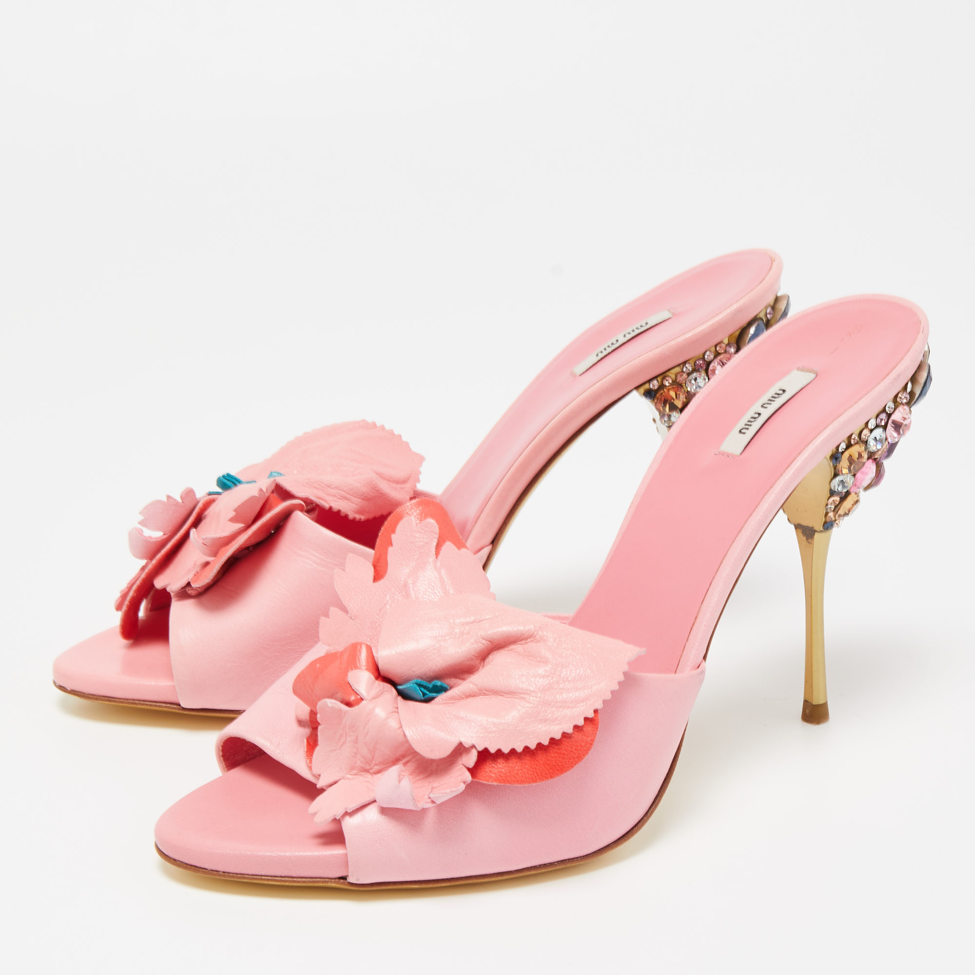 

Miu Miu Pink Leather Flower Embellished Mules Size