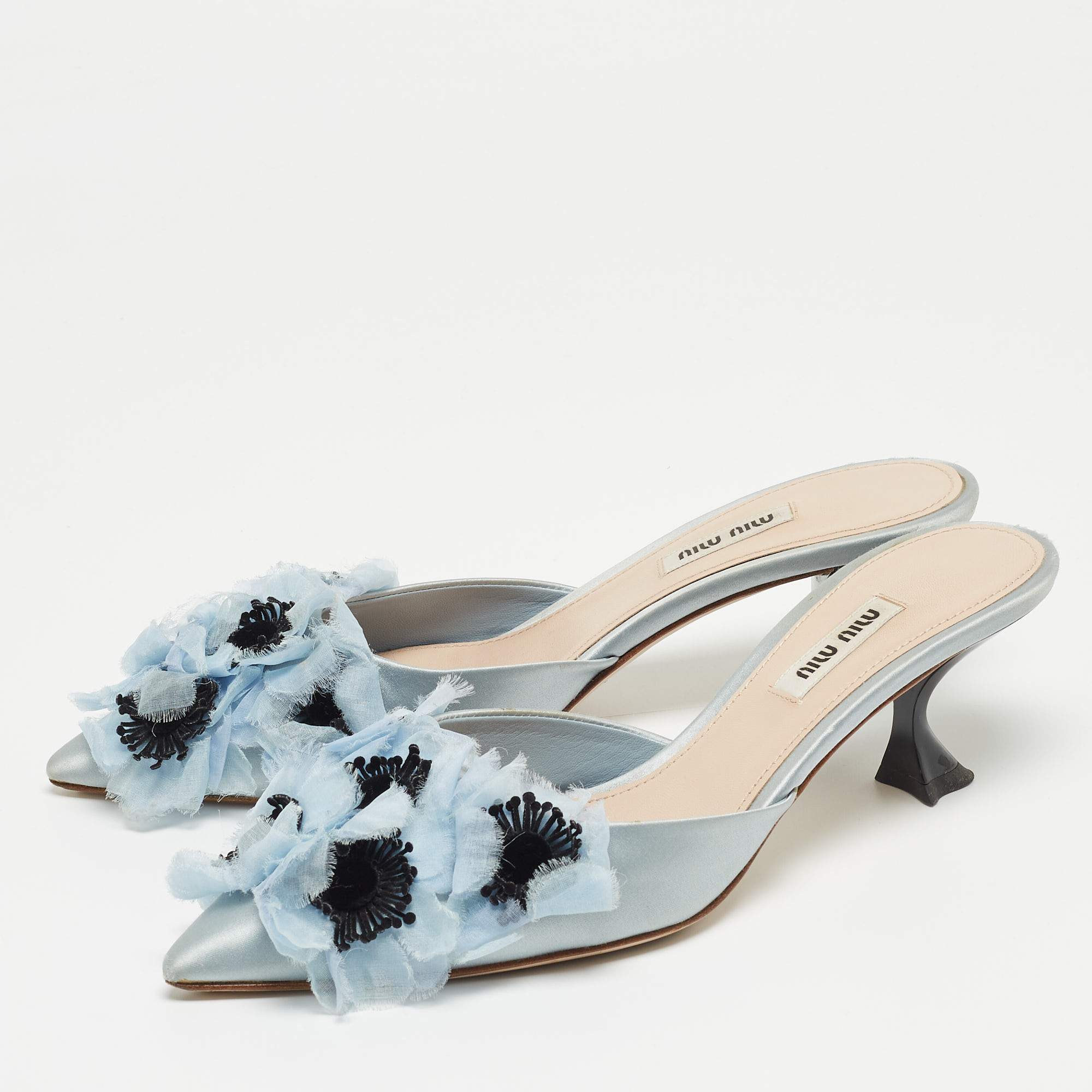 

Miu Miu Blue Satin Floral Applique Mules Size