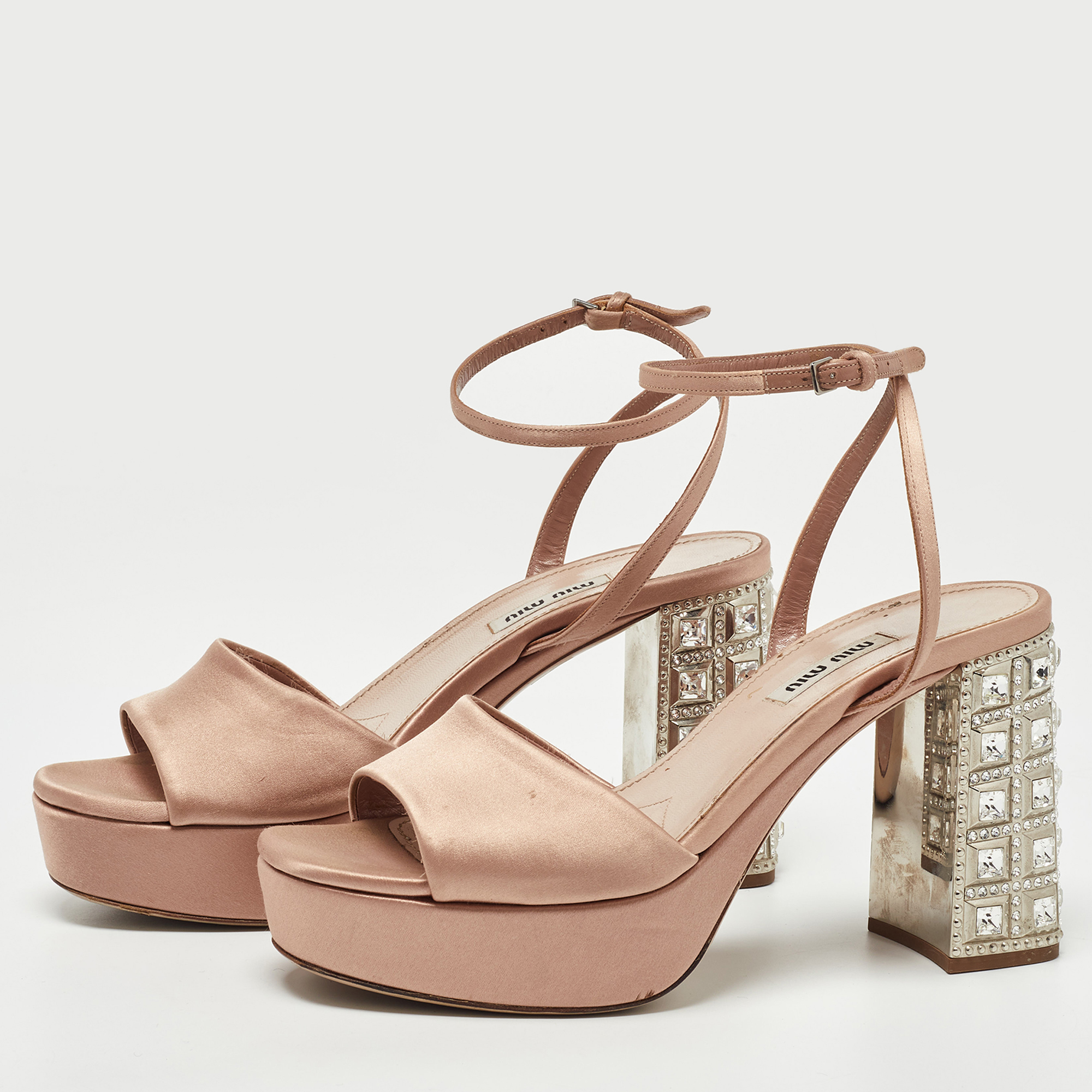 

Miu Miu Light Pink Satin Crystal Embellished Platform Ankle Strap Sandals Size