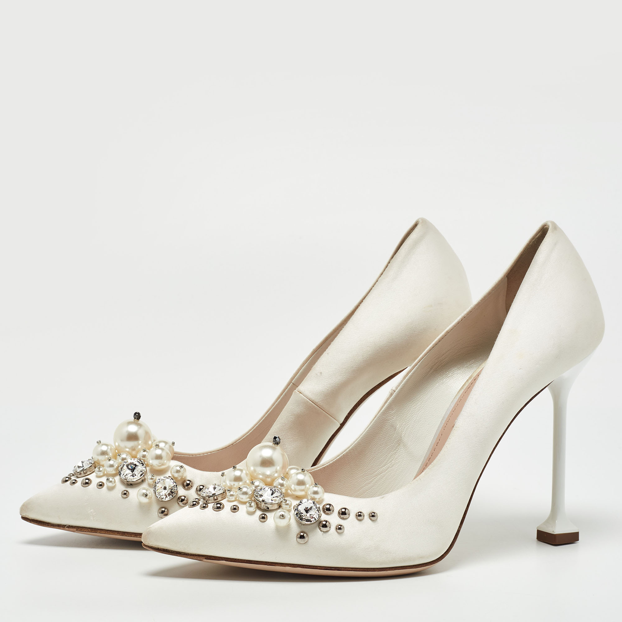 

Miu Miu White Satin Embellished Pumps Size