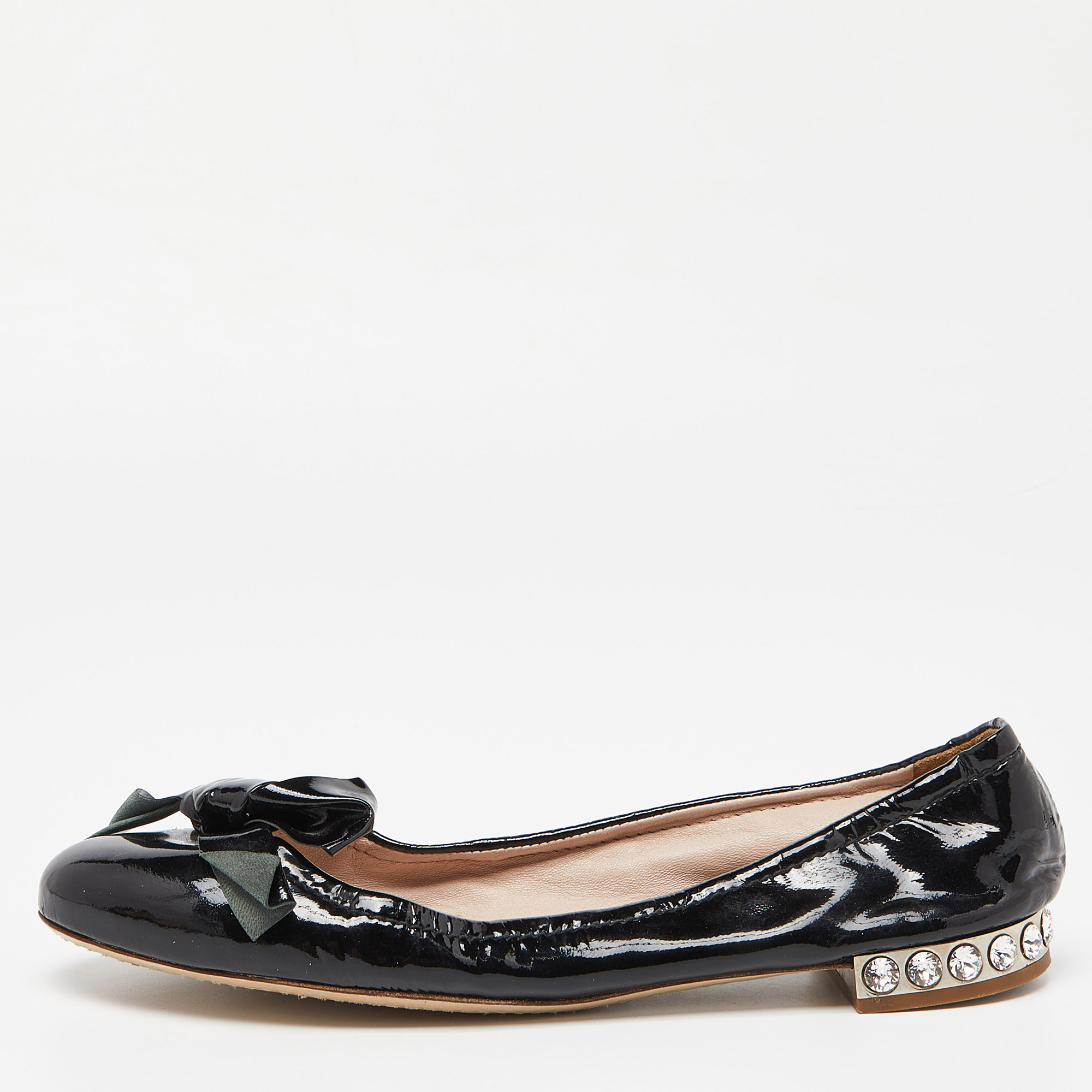 Pre-owned Miu Miu Black Patent Leather Crystal Embellished Bow Ballet Flats Size 37.5